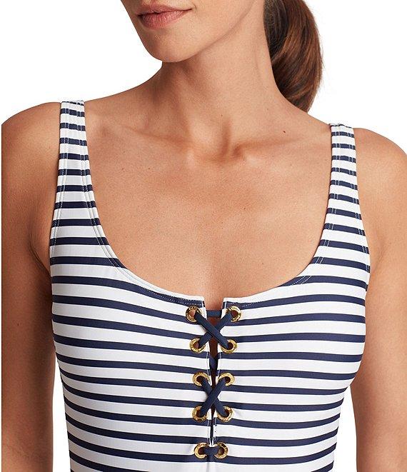 Lauren Ralph Lauren Lux Stripe Lace-Up Open Back Shaping Fit One Piece Swimsuit Product Image