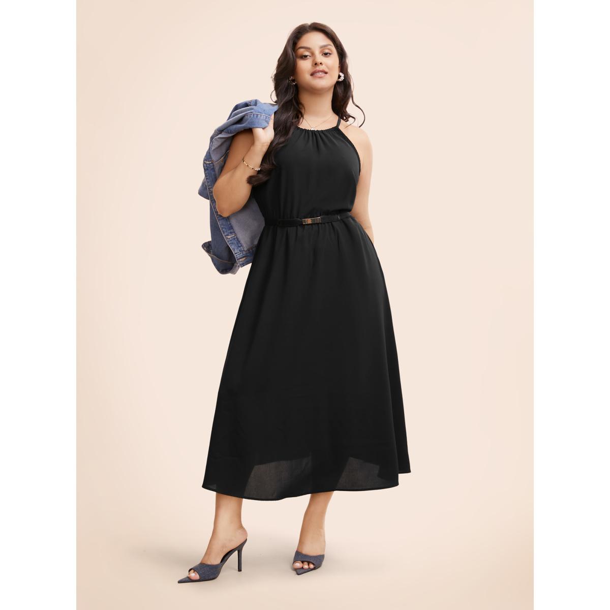 Plus Size Halter Contrast Webbing Elastic Waist Dress Black Women Elegant Gathered Halter neck Sleeveless Curvy BloomChic 30/6X Product Image