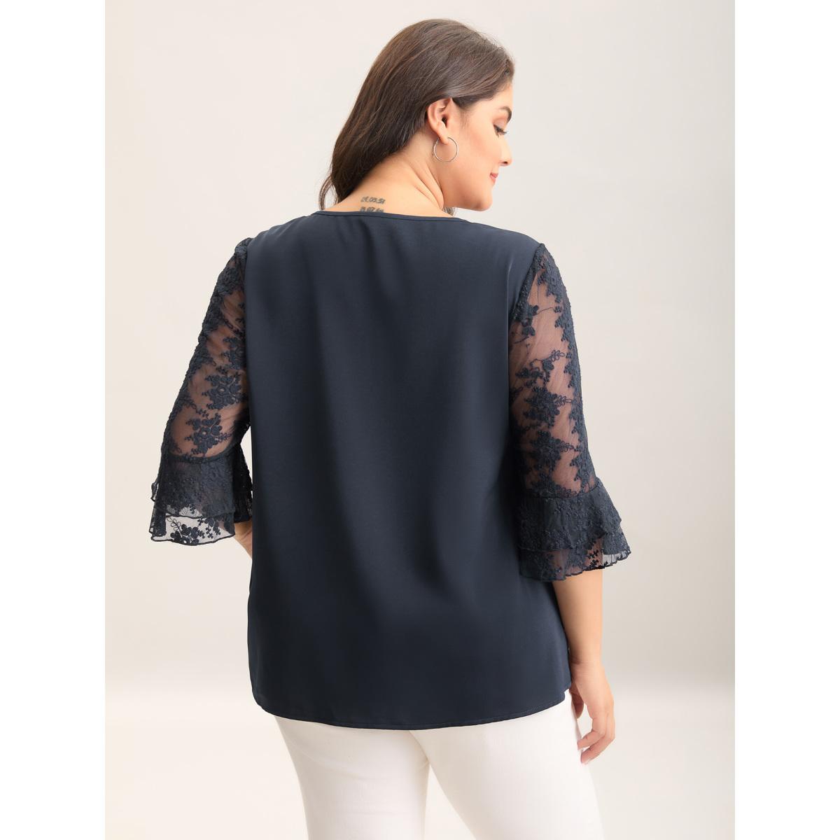 Plus Size Indigo Sheer Textured Sleeve V-Neck Blouse Women Elbow-length sleeve V-neck Elegant Blouses BloomChic 22-24/3X Product Image