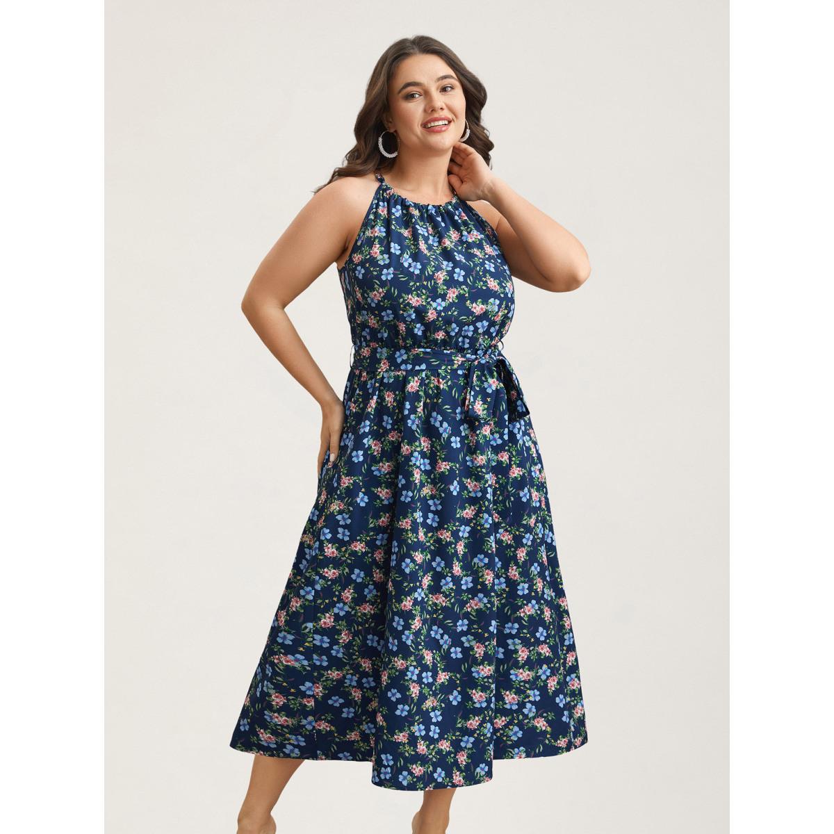 Plus Size Floral Print Belted Stretchy Waist Midi Dress Navy Women Timeless Gathered Halter neck Sleeveless Curvy BloomChic 26/4X Product Image