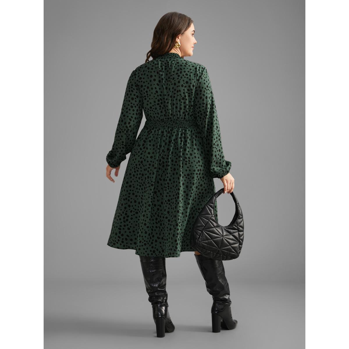 Plus Size Polka Dot Shirred Frill Trim Dress DarkGreen Women At the Office Frill Trim Mock Neck Long Sleeve Curvy BloomChic 18-20/2X Product Image