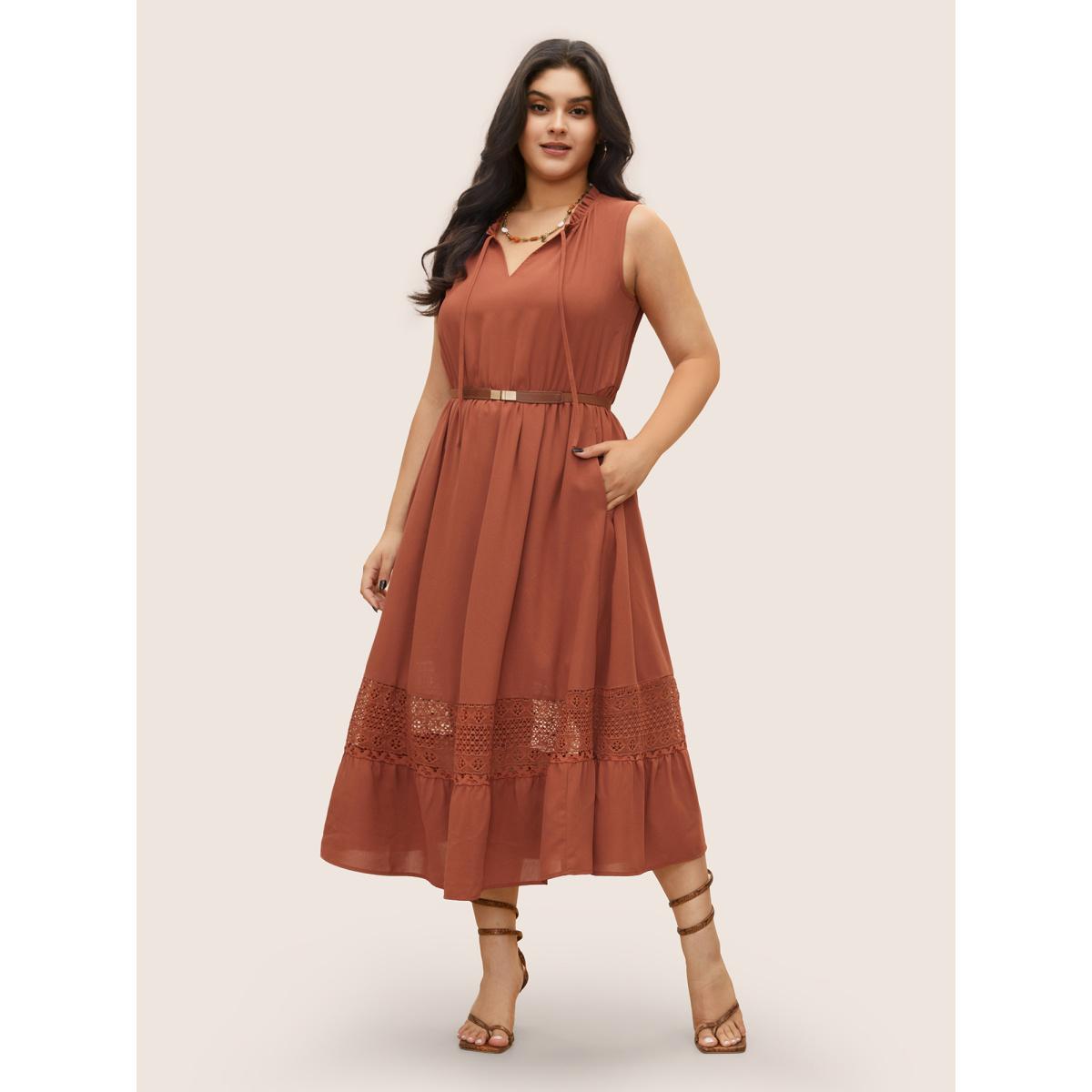 Plus Size Lace Panel Tie Neck Frill Trim Tank Dress Rust Women Resort Non V-neck Sleeveless Curvy Midi Dress BloomChic 30/6X Product Image