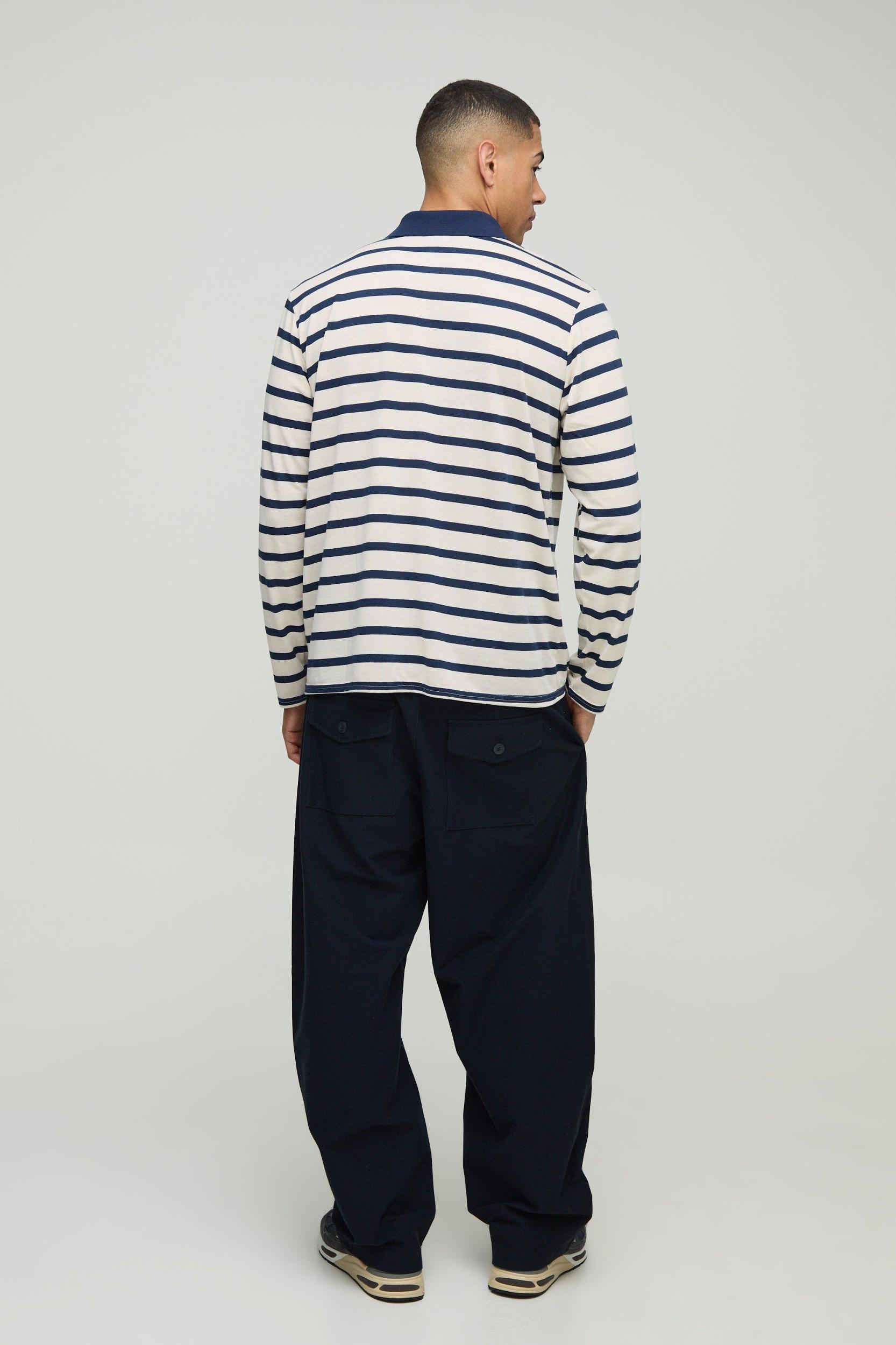 Regular Fit Stripe Long Sleeve Button Rugby Polo | boohooMAN USA Product Image