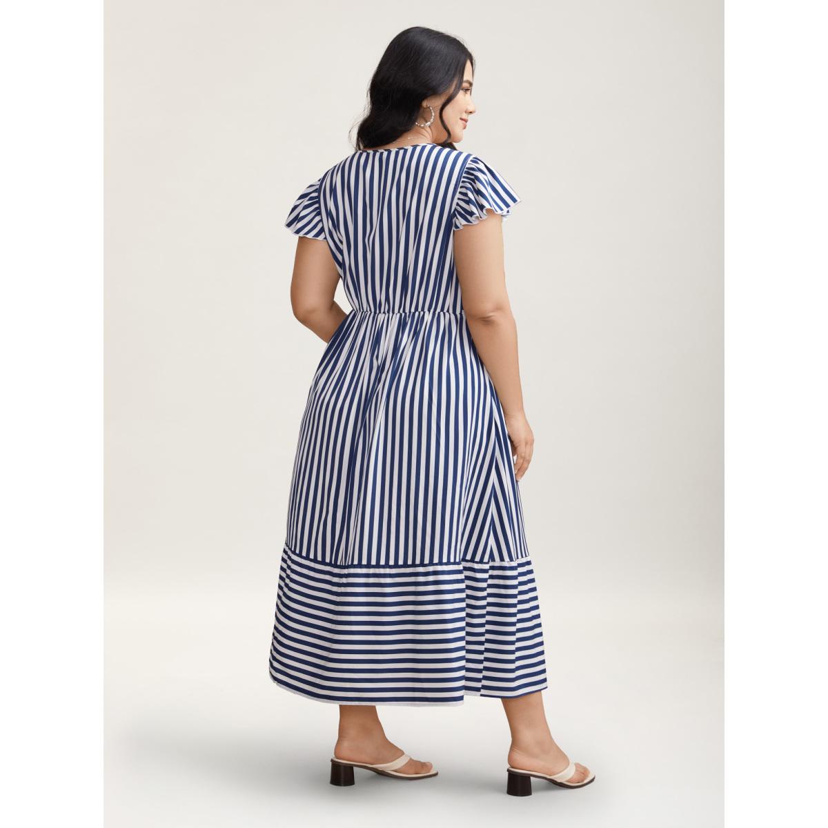 Plus Size Nautical Stripes Stretchy Waist Tiered Midi Dress Navy Women Resort Button V-neck Cap Sleeve Curvy BloomChic 22-24/3X Product Image