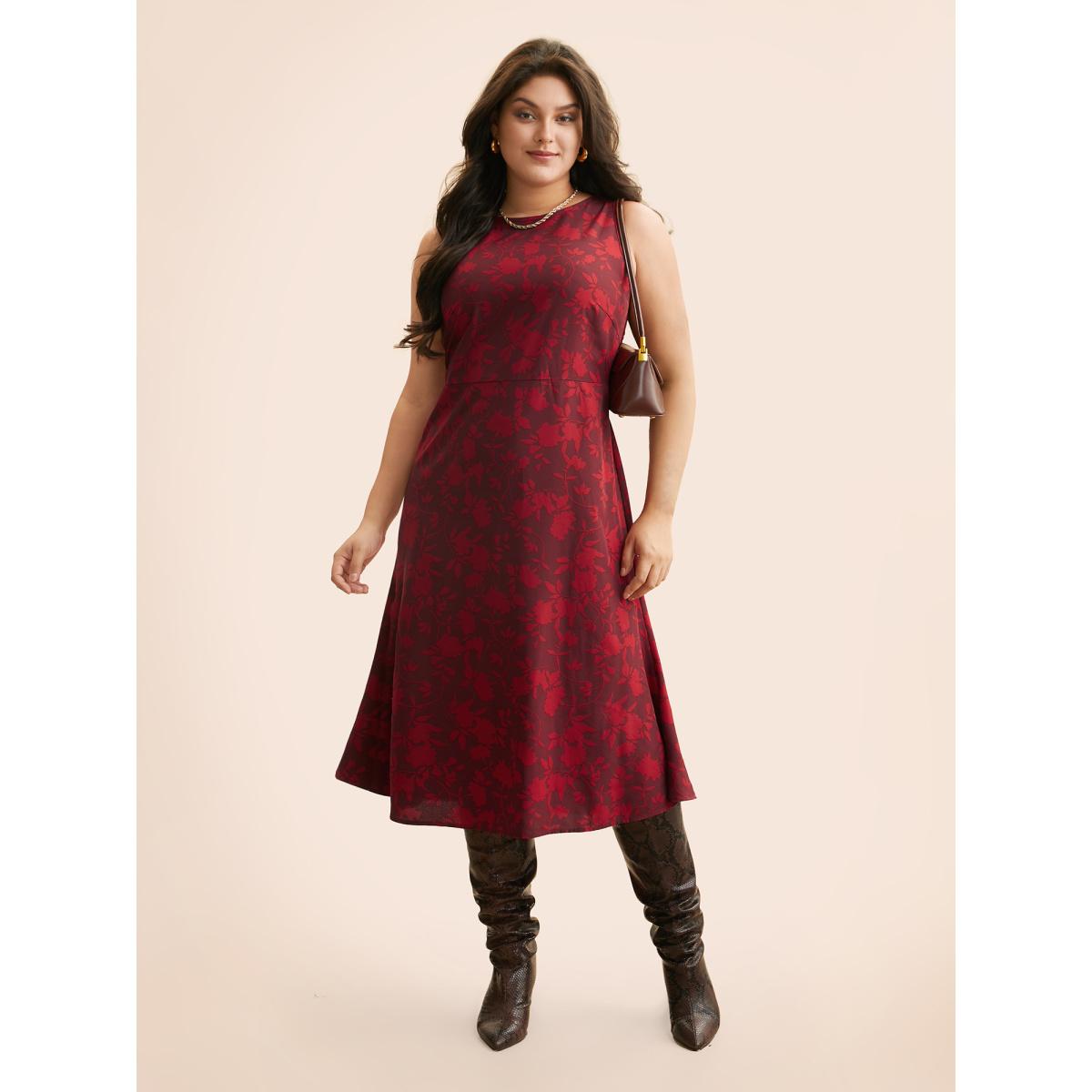Plus Size Silhouette Floral Print Shirred Tank Dress Burgundy Women Elegant Shirred Round Neck Sleeveless Curvy BloomChic 14-16/1X Product Image
