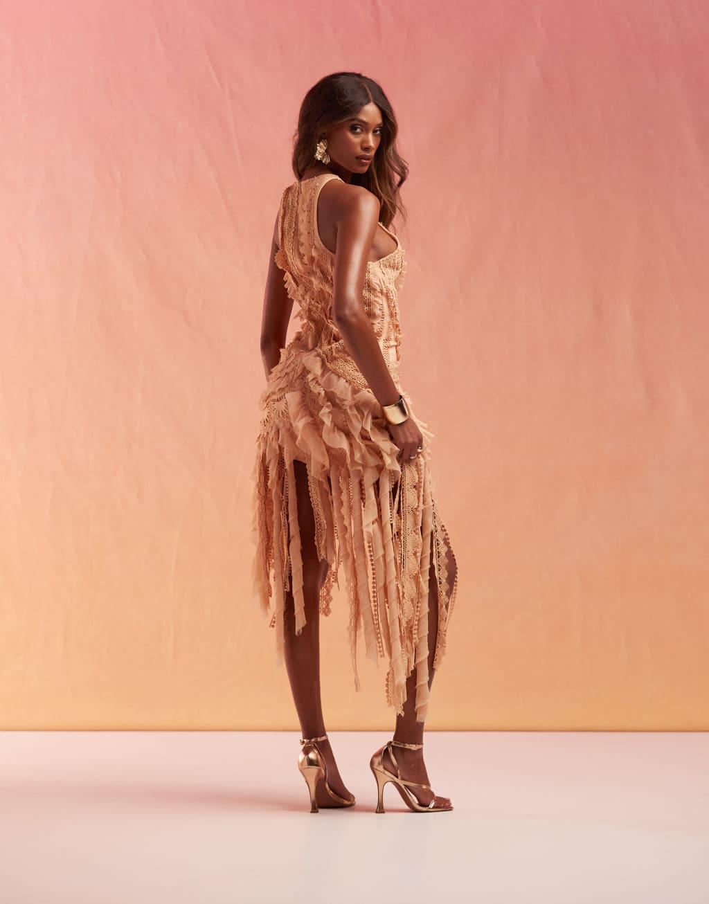 ASOS DESIGN lace trim racer mini dress with ruffle disheveled hem in peach Product Image