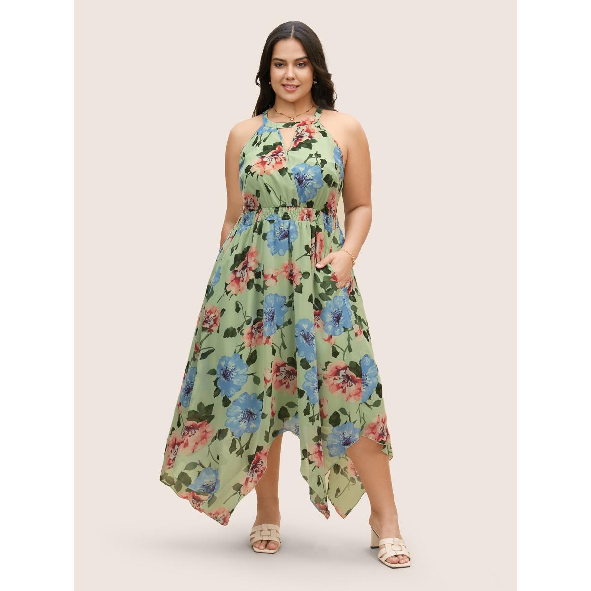 Plus Size Floral Shirred Asymmetrical Hem Sleeveless Dress Palemauve Women Elegant Asymmetrical Round Neck Sleeveless Curvy BloomChic 28/5X Product Image