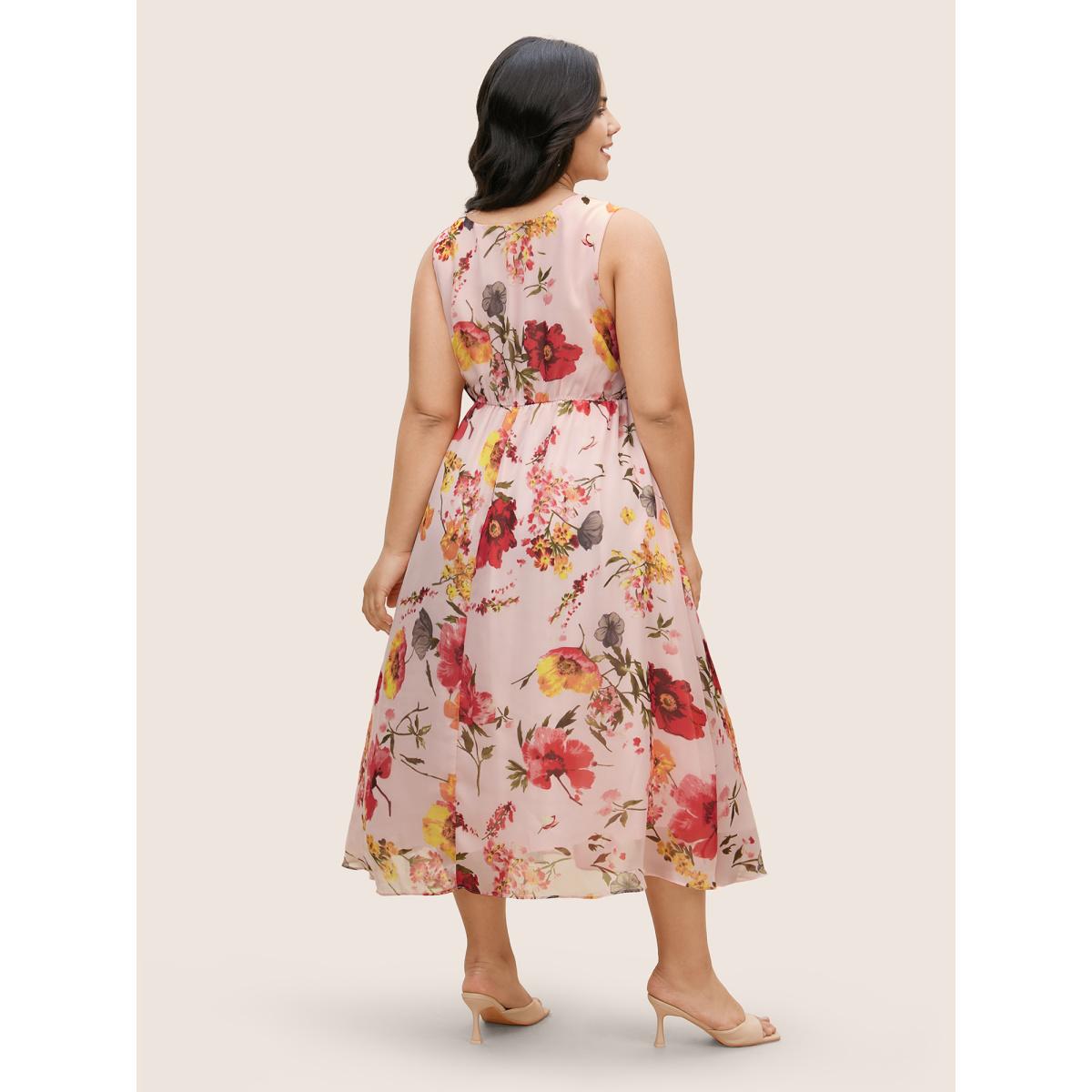 Plus Size V Neck Floral Ruched Sleeveless Dress Blush Women Elegant V-neck Sleeveless Curvy BloomChic 18-20/2X Product Image