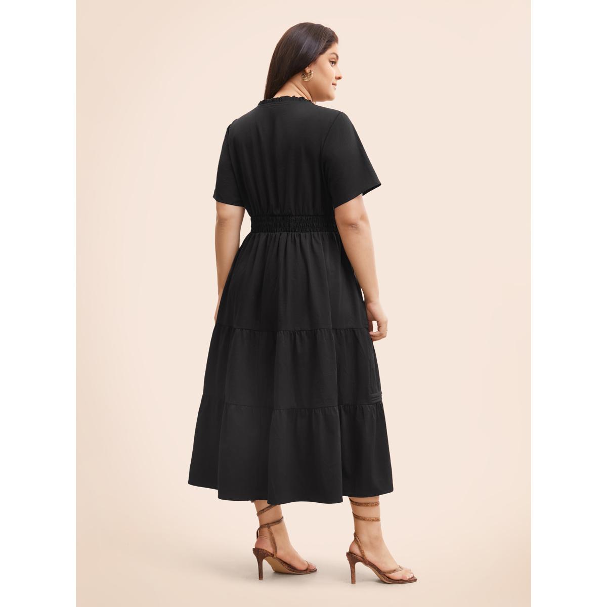 Plus Size Plain Frill Trim Ruffle Layered Hem Dress Black Women Timeless Tucked seam Mock Neck Short sleeve Curvy BloomChic 14-16/1X Product Image