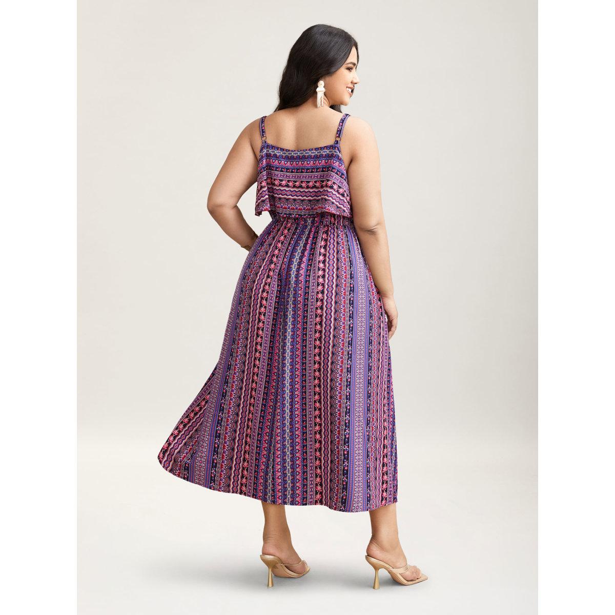 Plus Size Boho Print Stretchy Waist Pockets Midi Dress Deeppurplered Women Boho Tiered V-neck Sleeveless Curvy BloomChic 14-16/1X Product Image