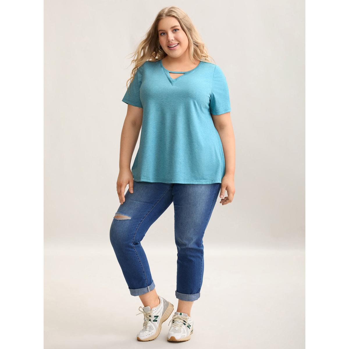 Plus Size Heathered Split Neck Curvy-Fit T-Shirt Teal Women Casual Pleated Notched collar Everyday T-shirts BloomChic 22-24/3X Product Image