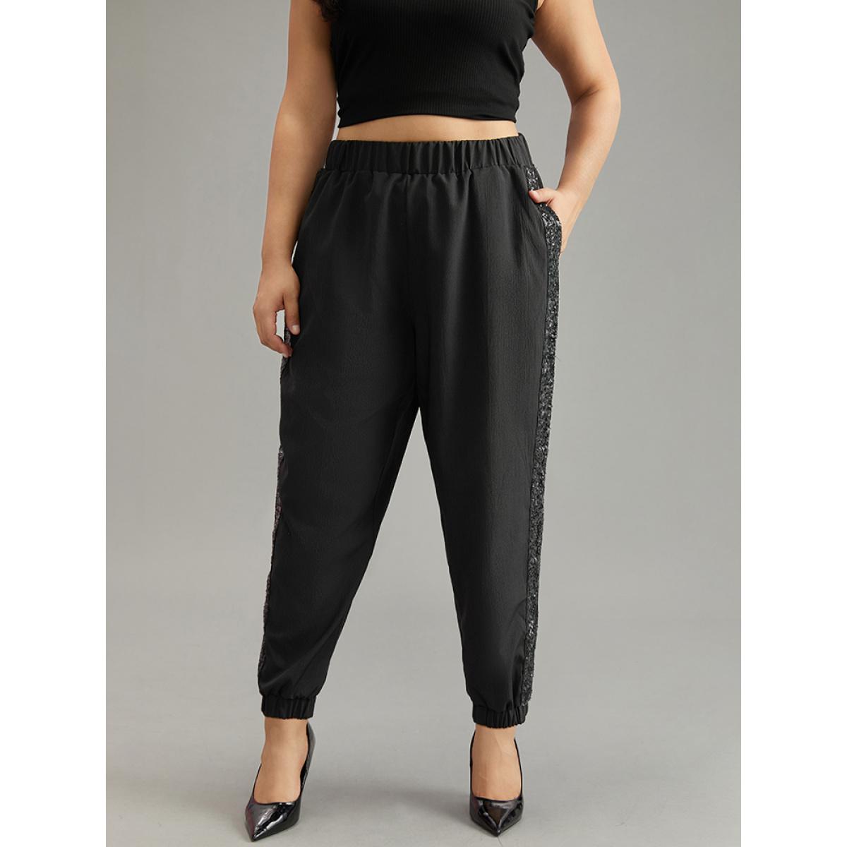 Plus Size Solid Sequin Patchwork Pocket Pants Women Black Glamour Harem High Rise Going out Pants BloomChic 12/L Product Image