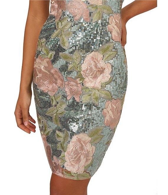 Adrianna Papell Sequin Embroidery Floral Print Square Neck Sleeveless Sheath Dress Product Image