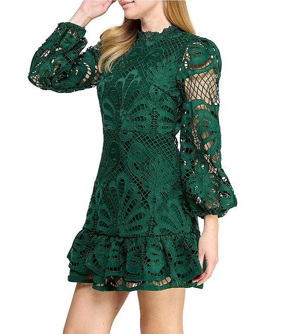 Layered With Love Vivian Illusion Lace Sleeve Ruffle Hem Mini Dress Product Image