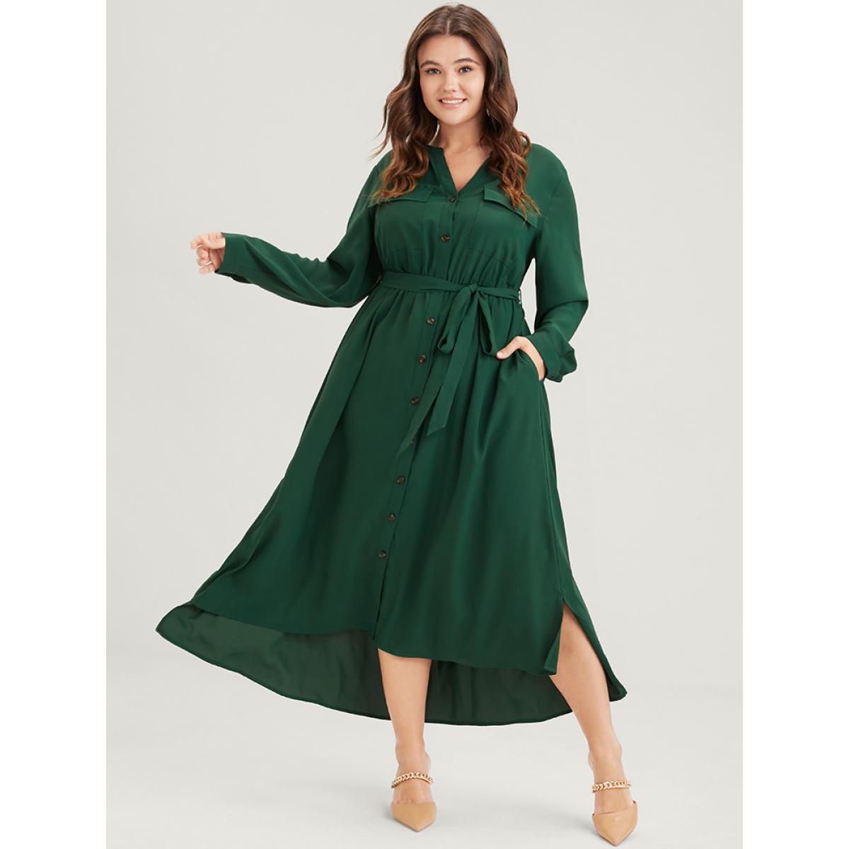 Plus Size Solid V Neck Pocket Button Asymmetrical Flutter Hem Belted Dress DarkGreen Women Office Plain V-neck Long Sleeve Curvy Long Dress BloomChic 22-24/3X Product Image