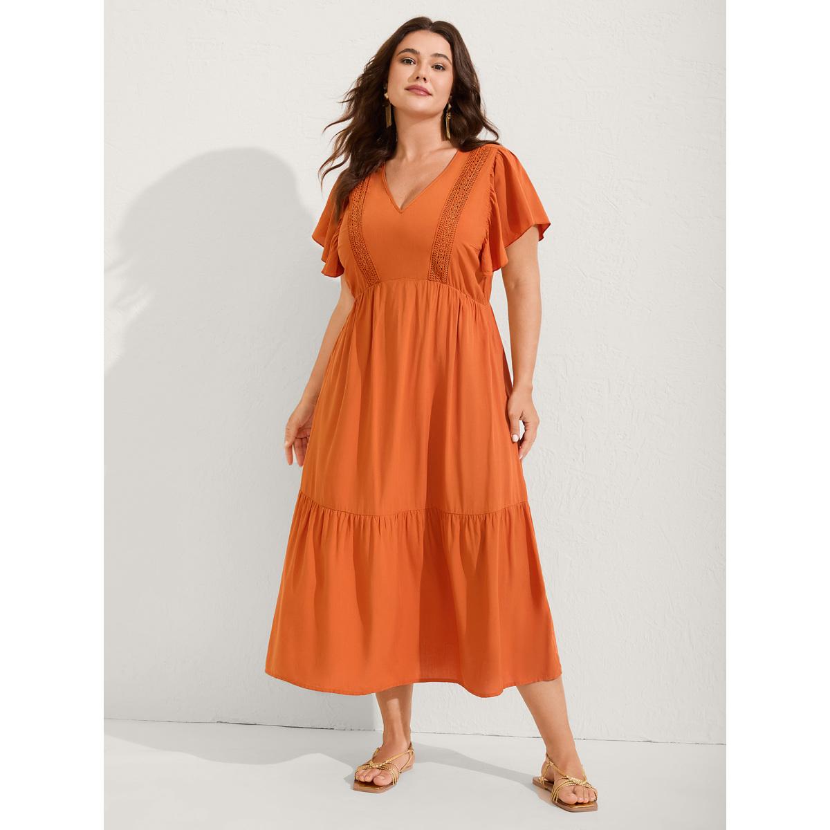 Plus Size Rayon Stretchy Waist Lace Midi Dress OrangeRed Women Boho V-neck Short sleeve Curvy BloomChic 12/L Product Image
