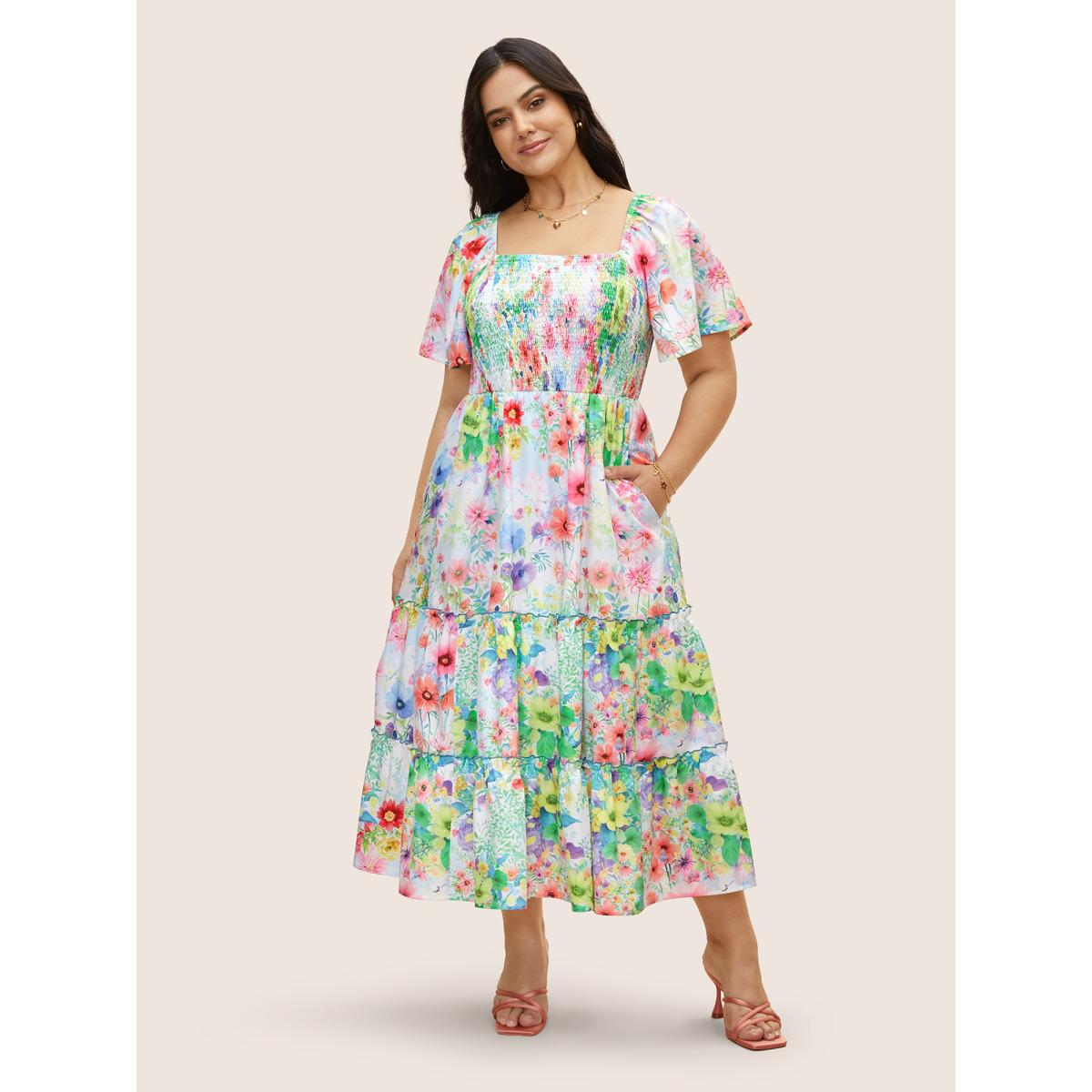 Plus Size Square Neck Floral Shirred Ruffle Layered Hem Dress Originalwhite Women Elegant Shirred Square Neck Short sleeve Curvy BloomChic 22-24/3X Product Image