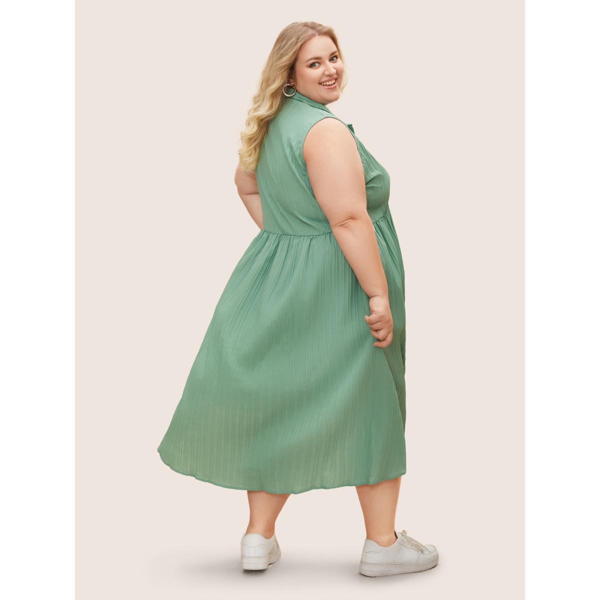 Plus Size Solid Shirt Collar Ruffle Pocket High Low Hem Button Up Dress Mint Women Office Non Polo Sleeveless Curvy Midi Dress BloomChic 14-16/1X Product Image