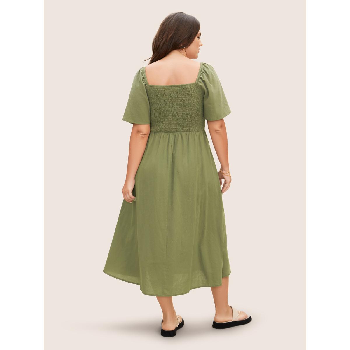 Plus Size Cotton Square Neck Shirred Ruffle Sleeve Split Hem Dress ArmyGreen Women Casual Gathered Square Neck Short sleeve Curvy BloomChic 30/6X Product Image