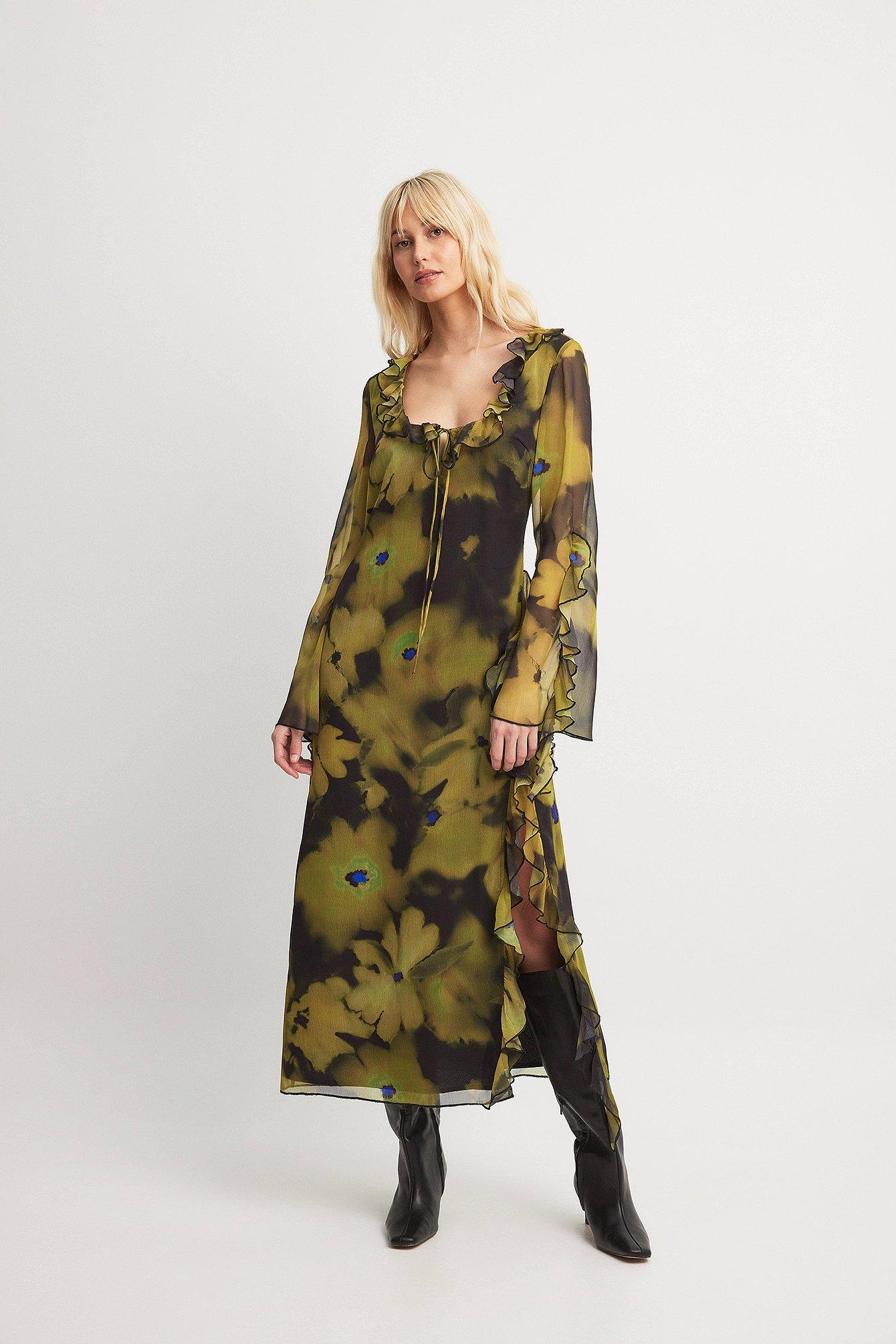 Ruffle Detail High Slit Maxi Dress Product Image