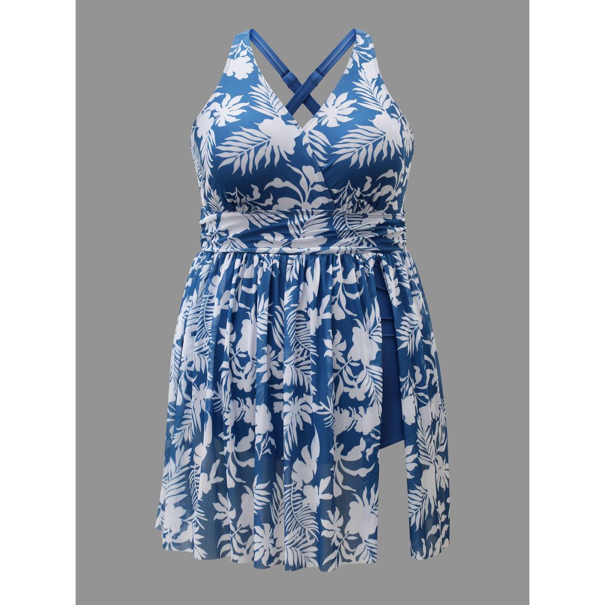 Plus Size Tropical Print Adjustable Slit Swim Dress Women's Swimwear Cerulean Beach Bodycon Overlap Collar High stretch Curve Swim Dresses BloomChic 18-20/2X Product Image