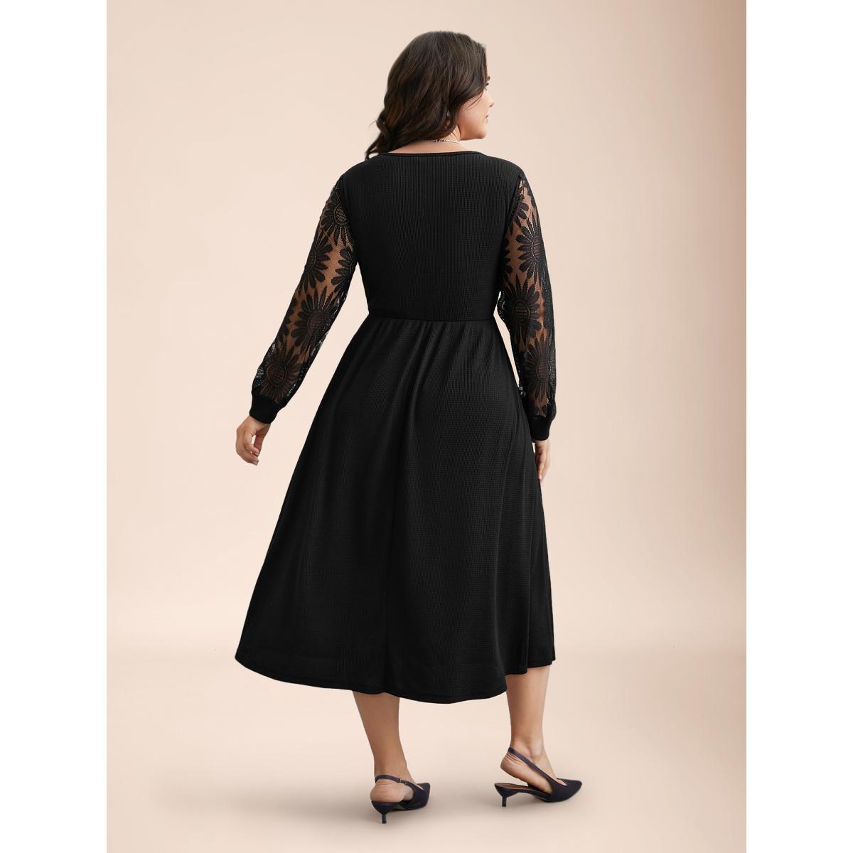 Plus Size Sheer Textured Sleeve Waist Cinched Midi Dress Black Women Elegant Texture Knit Dresses Bloomchic 22-24/3X Product Image