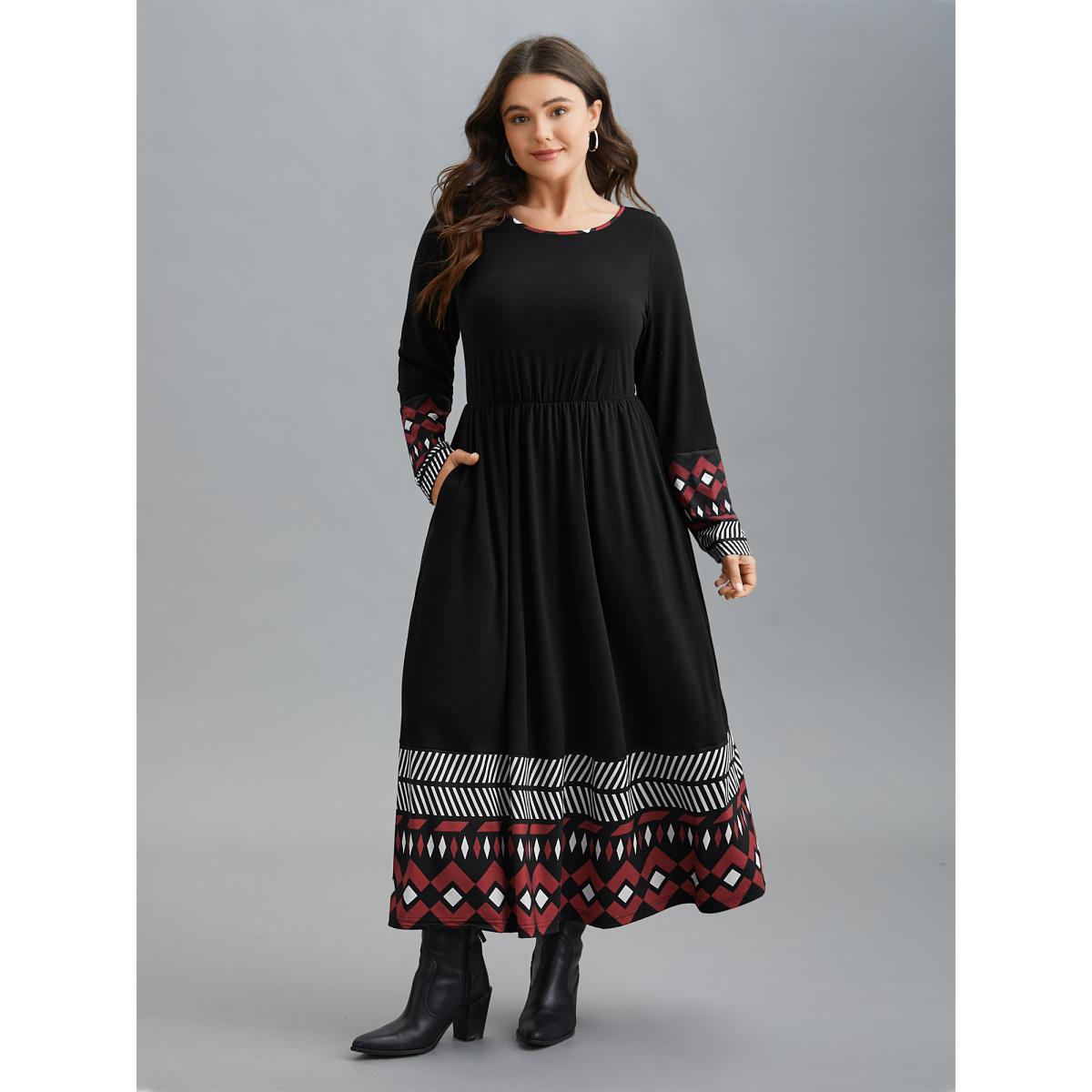 Plus Size Crew Neck Geometric Print Patchwork Dress BlackFlower Women Casual Non Knit Dresses Bloomchic 28/5X Product Image