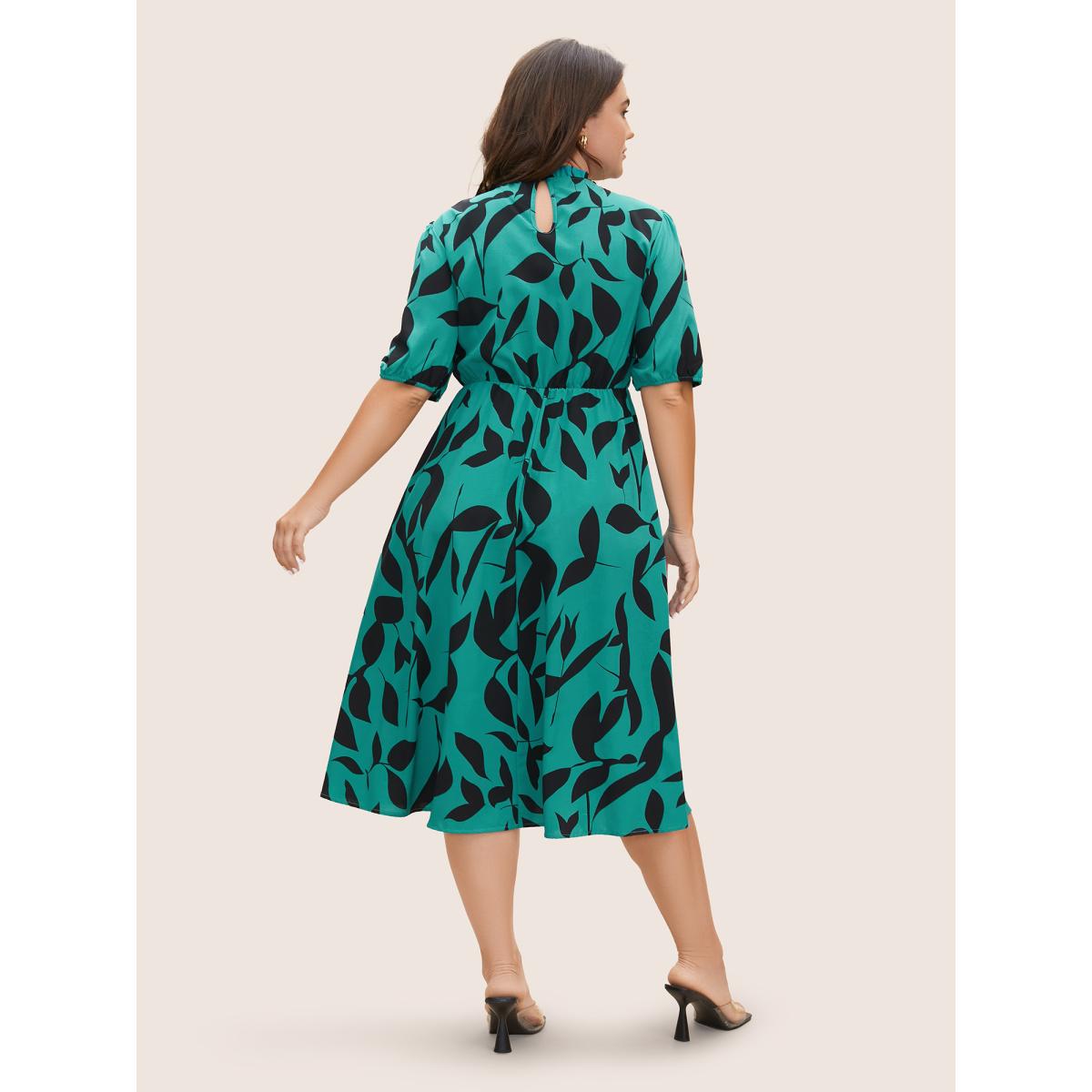 Plus Size Silhouette Floral Print Mock Neck Midi Dress Teal Women Elegant Gathered Mock Neck Short sleeve Curvy BloomChic 12/L Product Image