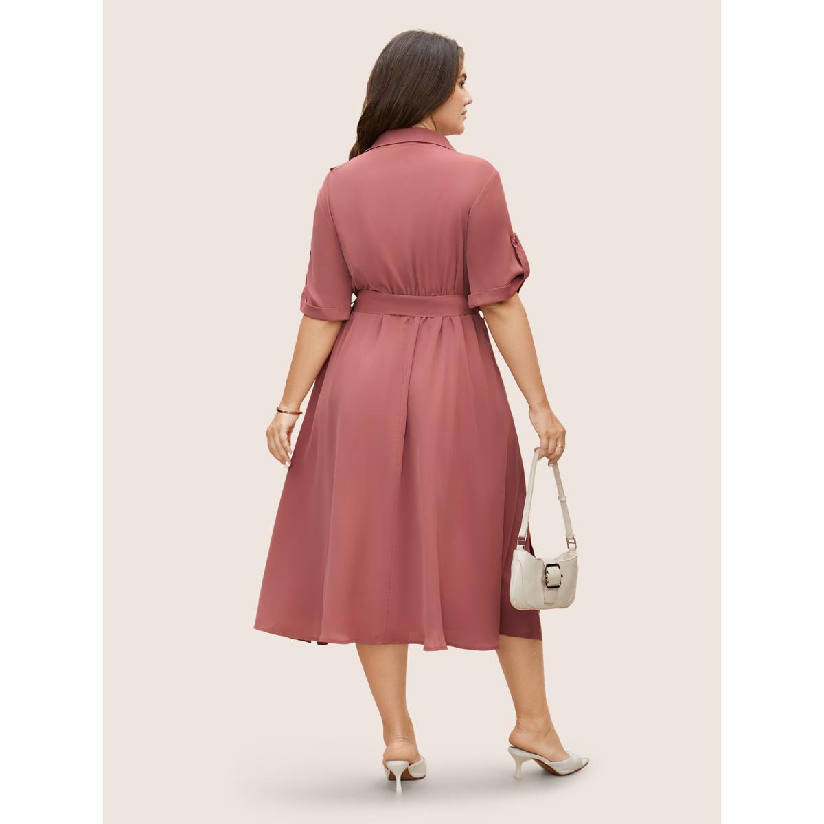 Plus Size Shirt Collar Tab Sleeve Split Hem Dress Rouge Women At the Office Belted Shirt collar Half Sleeve Curvy BloomChic 28/5X Product Image