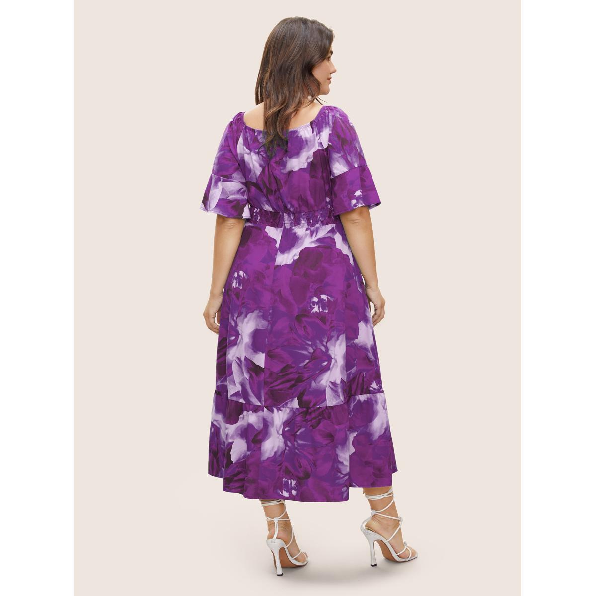Plus Size Square Neck Floral Shirred Ruffle Sleeve Dress Purple Women Elegant Non Square Neck Short sleeve Curvy Midi Dress BloomChic 30/6X Product Image
