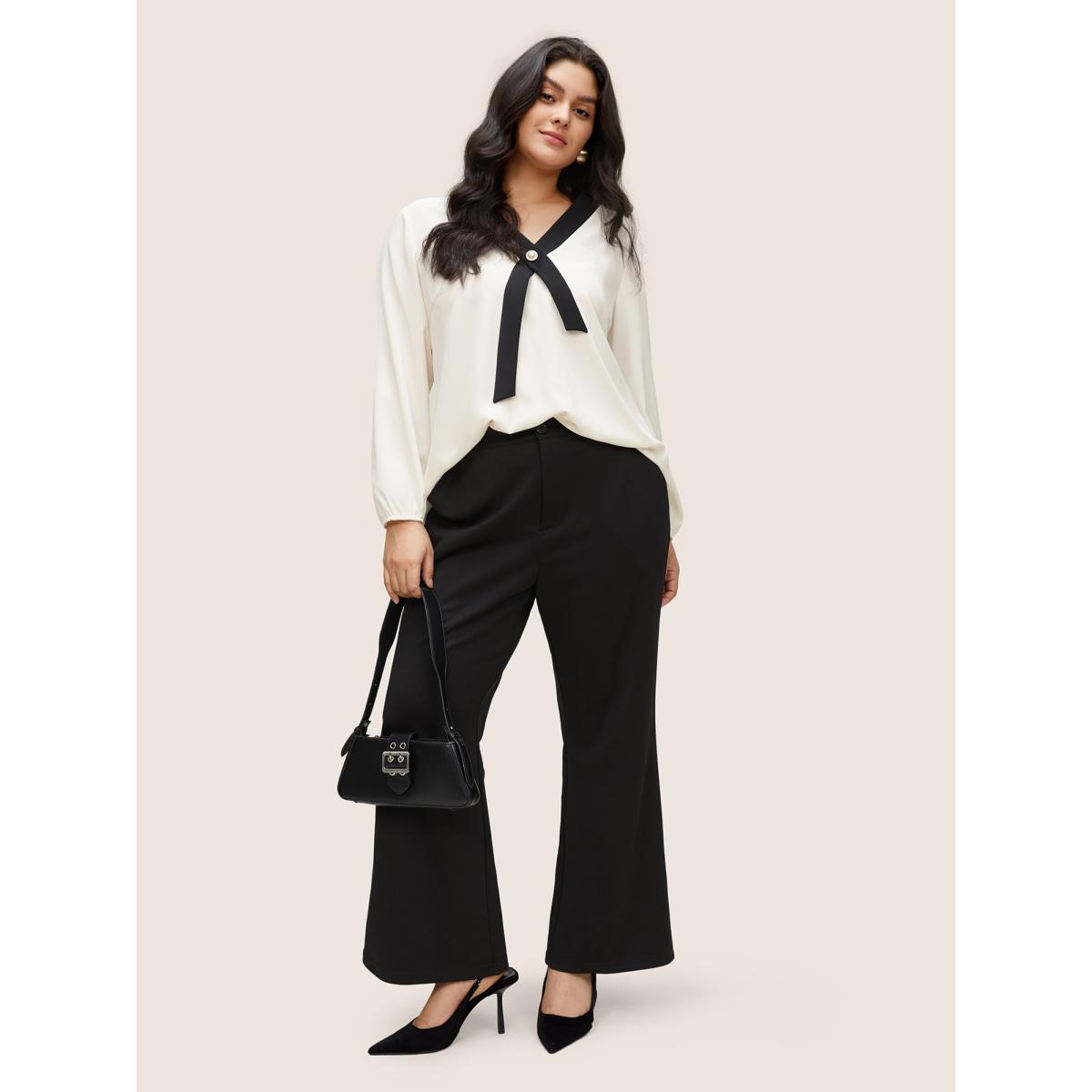 Plus Size Ivory Contrast Pearl Decor Tie Decoration Blouse Women At the Office Long Sleeve V-neck Work Blouses BloomChic 18-20/2X Product Image