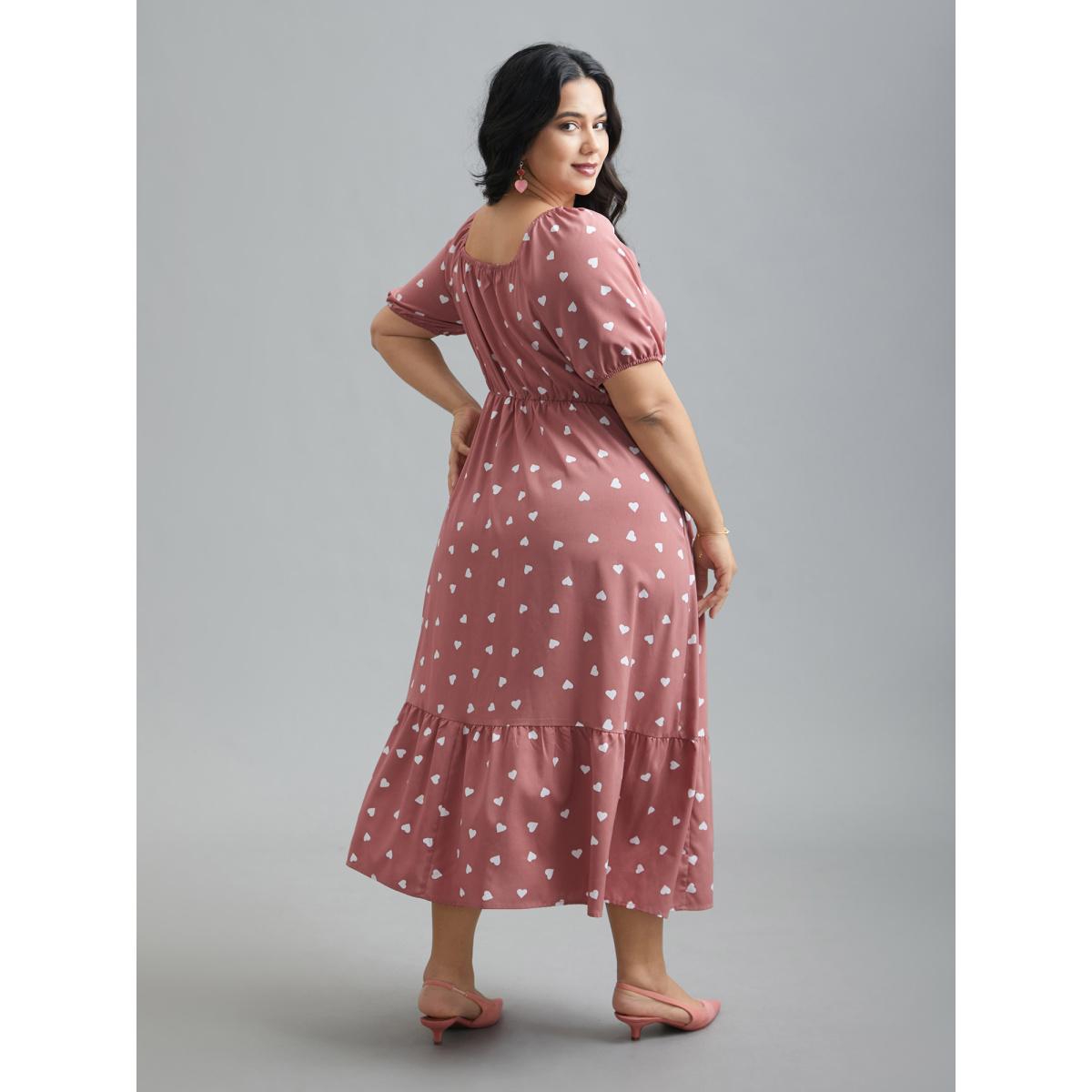 Plus Size Ruffled Stretchy Waist Puff Sleeve Dress DustyPink Women Elegant Gathered Heart neckline Half Sleeve Curvy BloomChic 30/6X Product Image