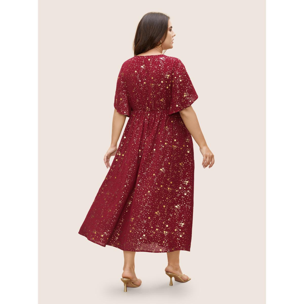 Plus Size Glitter Star Split Sleeve Midi Dress Cyan Women Elegant Gathered Round Neck Short sleeve Curvy BloomChic 22-24/3X Product Image