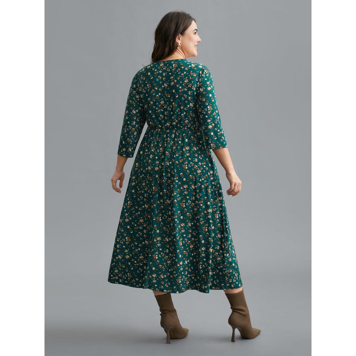 Plus Size Ditsy Floral Chest Drawstring Midi Dress DarkGreen Women Elegant Drawstring Knit Dresses Bloomchic 30/6X Product Image
