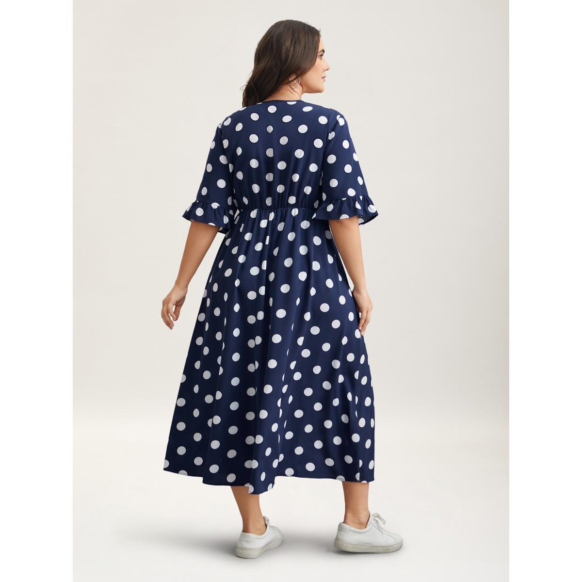 Plus Size Polka Dots Surplice Neck Waist-Cinched Dress Navy Women Elegant Ruffles Overlap Collar Elbow-length sleeve Curvy BloomChic 22-24/3X Product Image