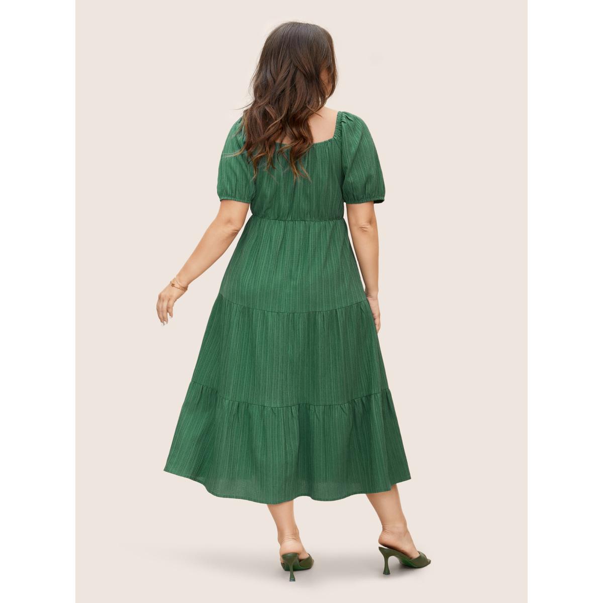 Plus Size Square Neck Texture Shirred Puff Sleeve Dress Emerald Women Elegant Texture Square Neck Short sleeve Curvy BloomChic 14-16/1X Product Image