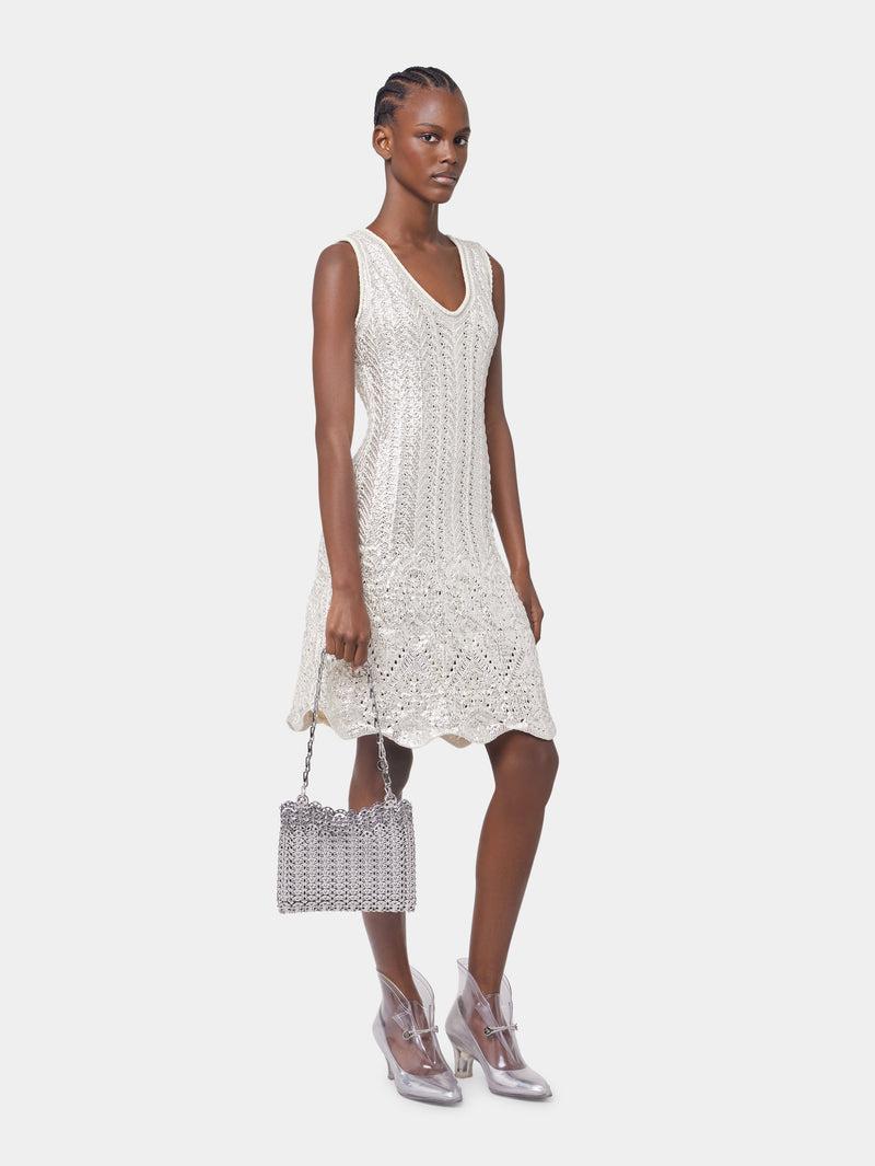 ECRU SHORT DRESS IN COTTON KNIT WITH SILVER INDUCTION Product Image