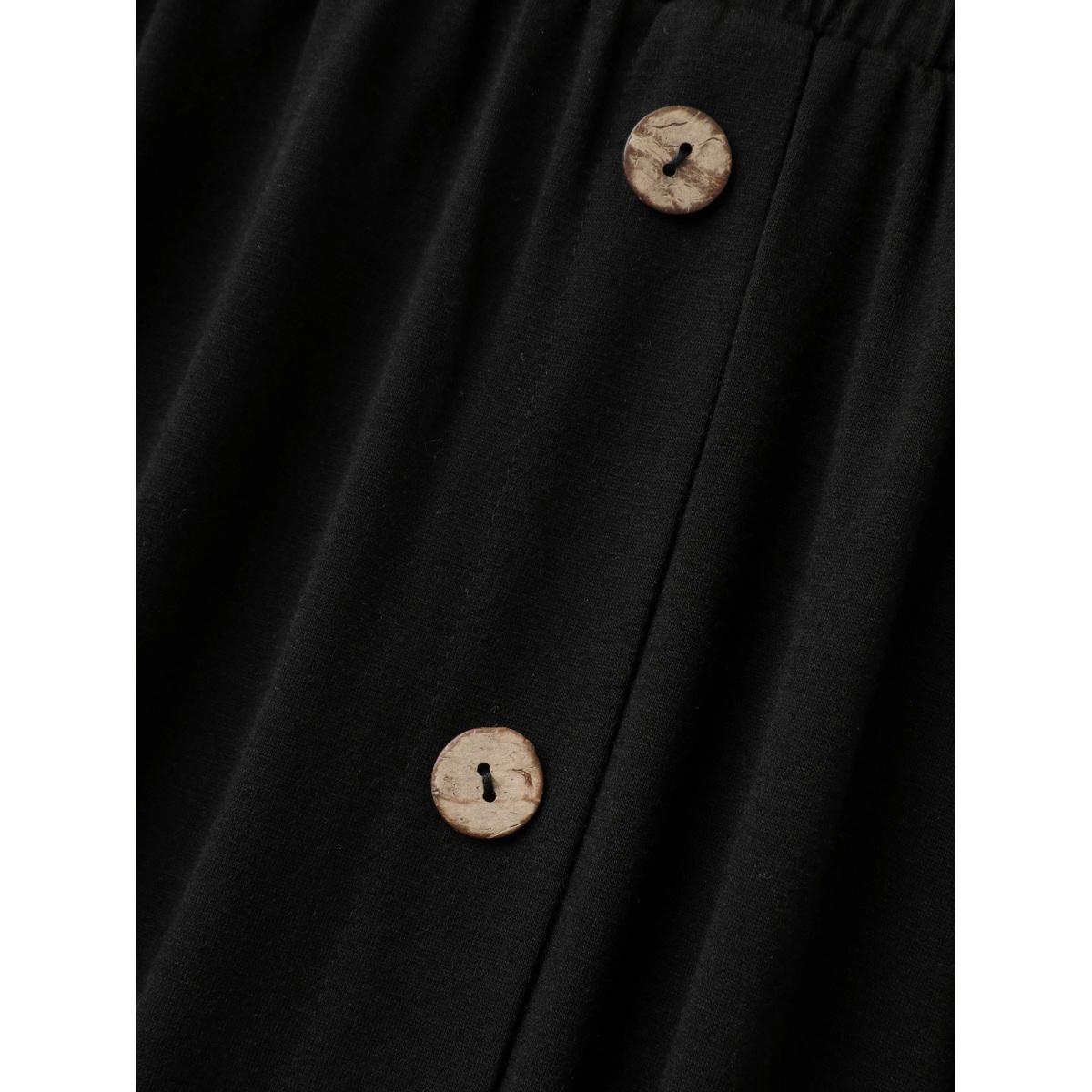 Plus Size Button Detail Hi-Low Hem Midi Skirt Women Black Elegant Bodycon Low stretch Side seam pocket Everyday Skirts BloomChic 26/4X Product Image