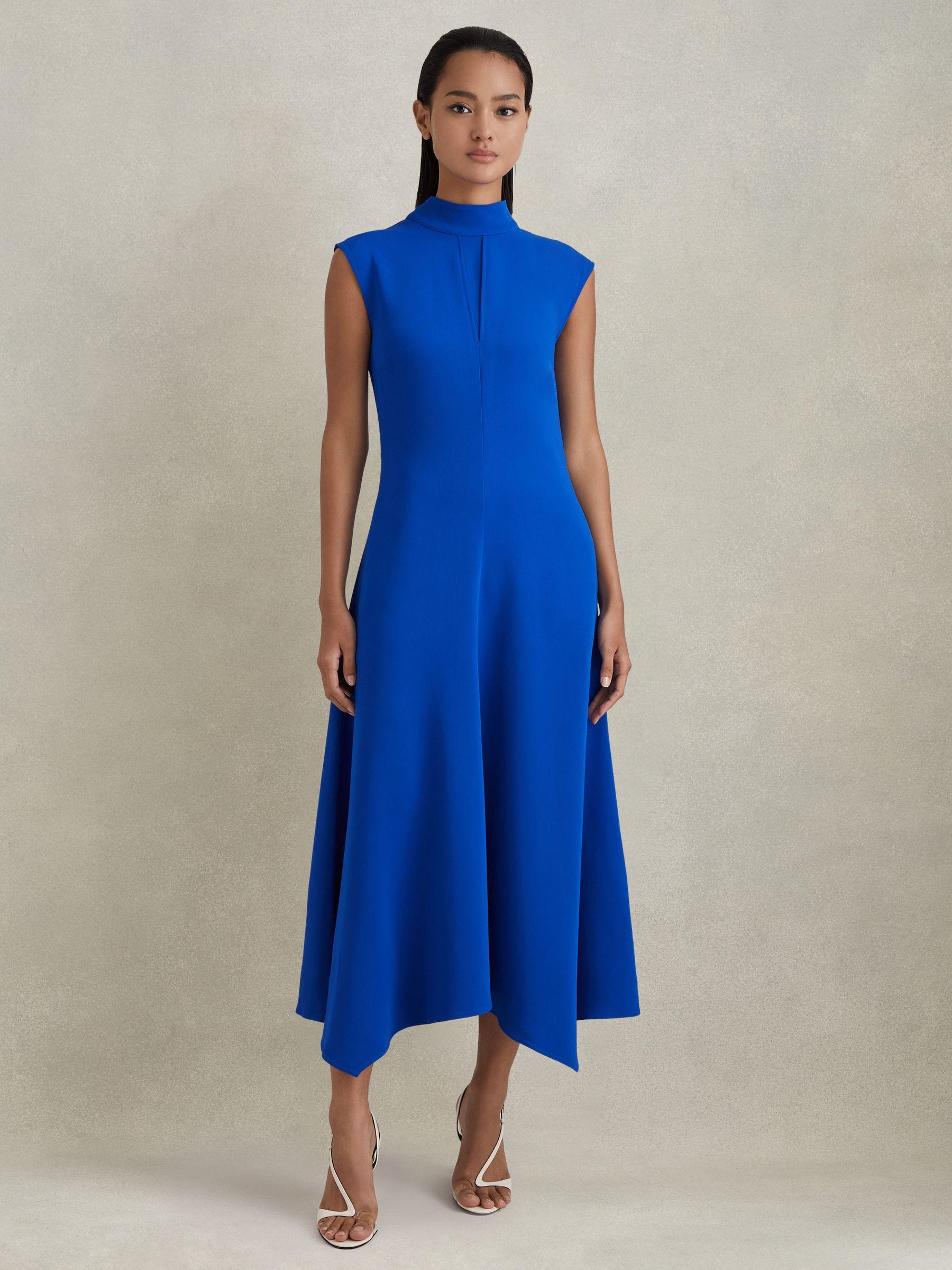 Fitted Asymmetric Midi Dress in Cobalt Blue Product Image