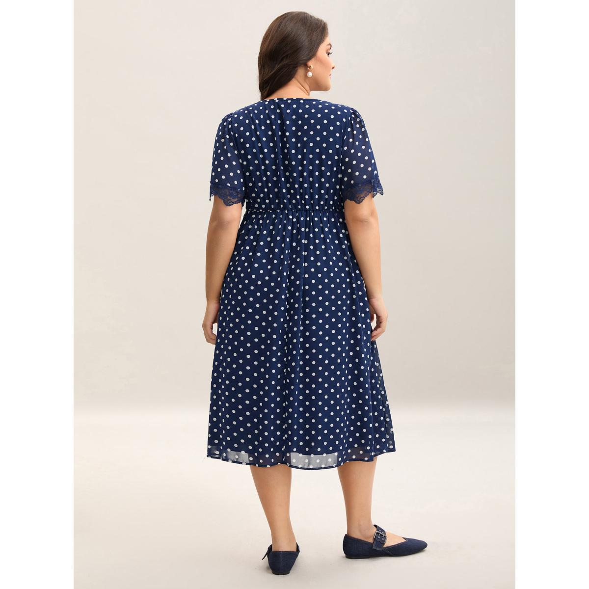 Plus Size Chiffon Polka Dot Print Pockets Midi Dress DarkBlue Women Elegant V-neck Short sleeve Curvy BloomChic 14-16/1X Product Image