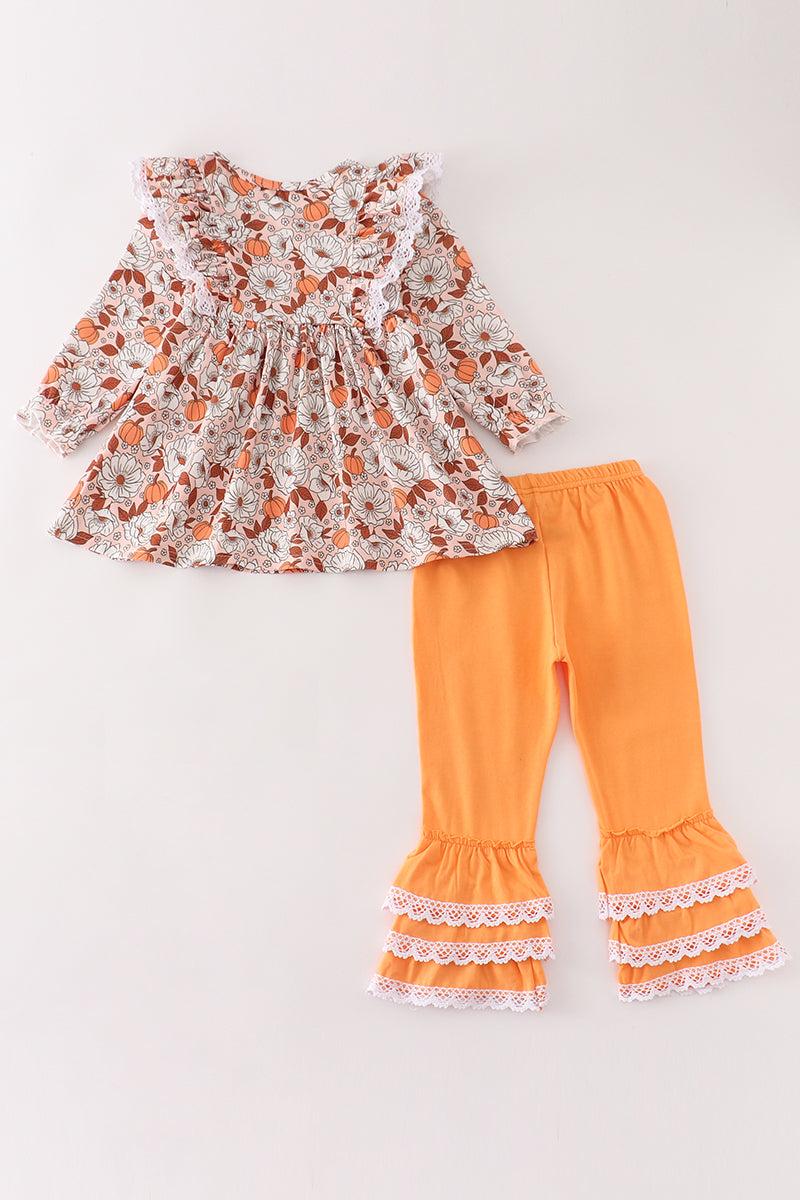 Pumpkin floral print lace ruffle set Product Image