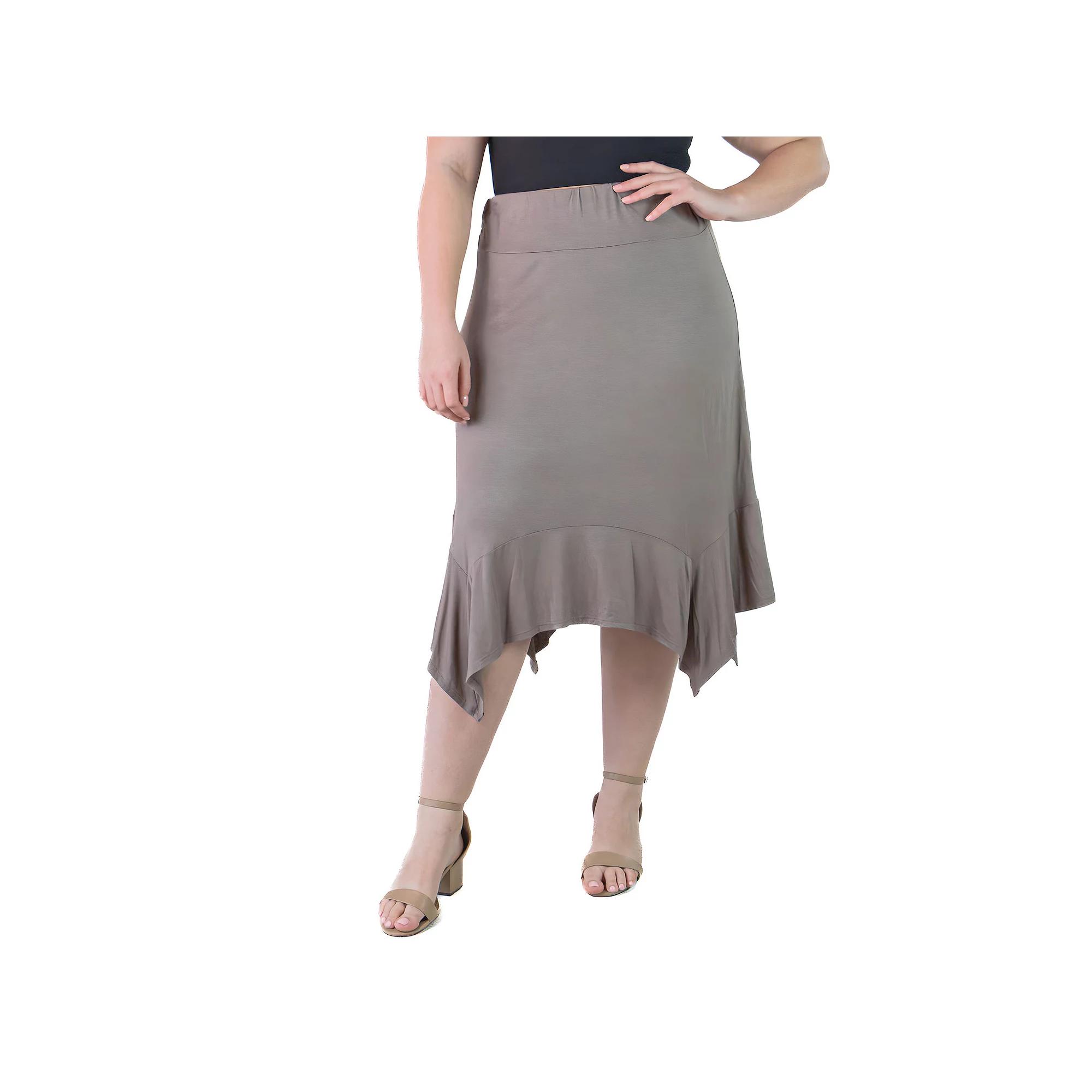 Plus Size 24Seven Comfort Apparel Solid Elastic Waist Handkerchief Midi Skirt, Women's, Size: 2XL, Brown Product Image