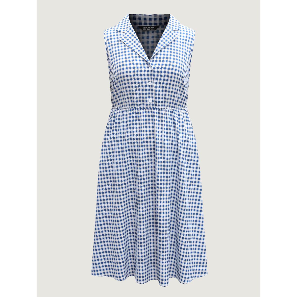Plus Size Plaid Print Button Pockets Midi Dress Mediumblue Women Suit Collar Sleeveless Curvy BloomChic 18-20/2X Product Image