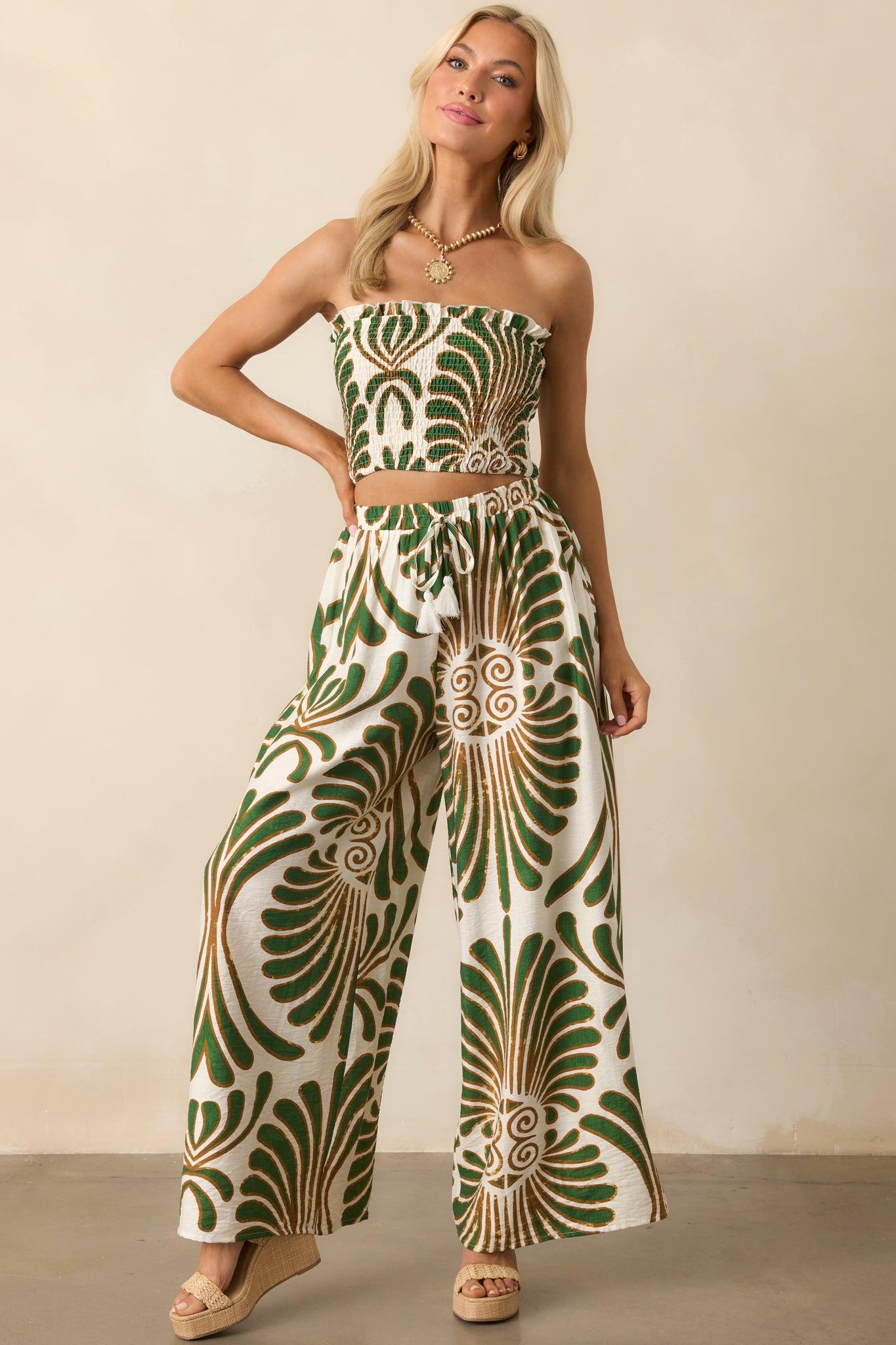 Endless Days Green Abstract Print Strapless Smocked Crop Top Product Image