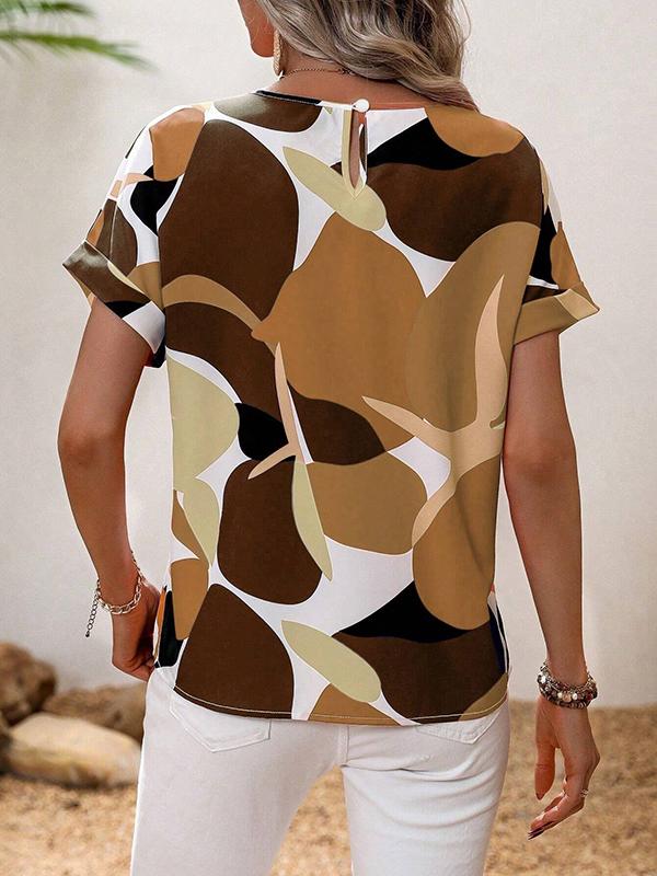 Loose Short Sleeves Contrast Color Hollow Printed Split-Joint Round-neck T-Shirts Tops Product Image