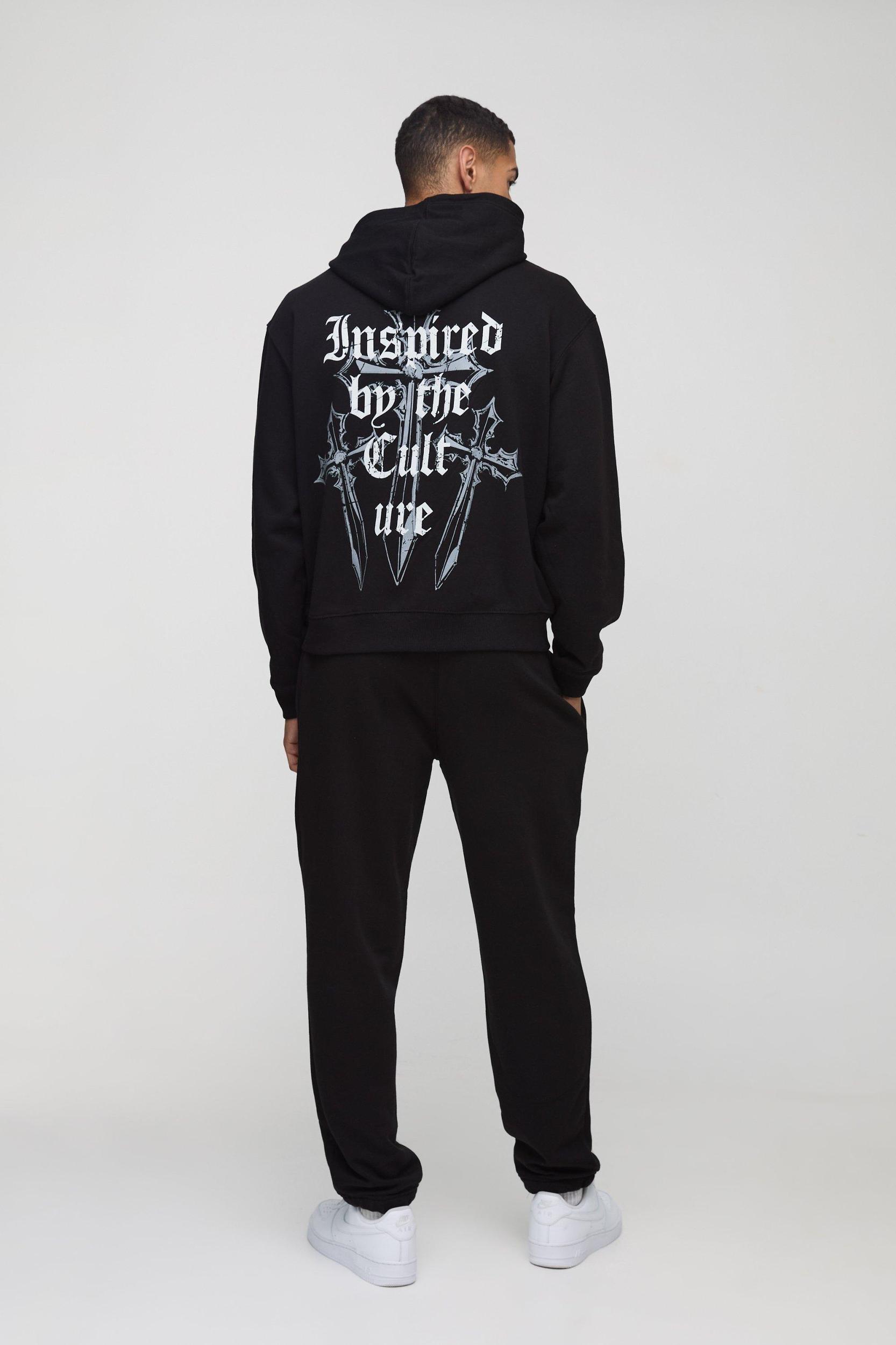 Oversized Boxy Cross Printed Hooded Tracksuit | boohooMAN USA Product Image