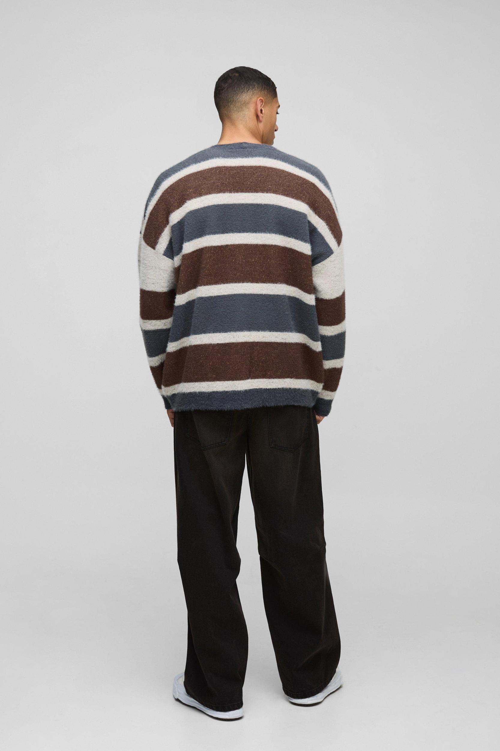 Oversized Dropped Shoulder Brushed Stripe Knitted Cardigan | boohooMAN USA Product Image