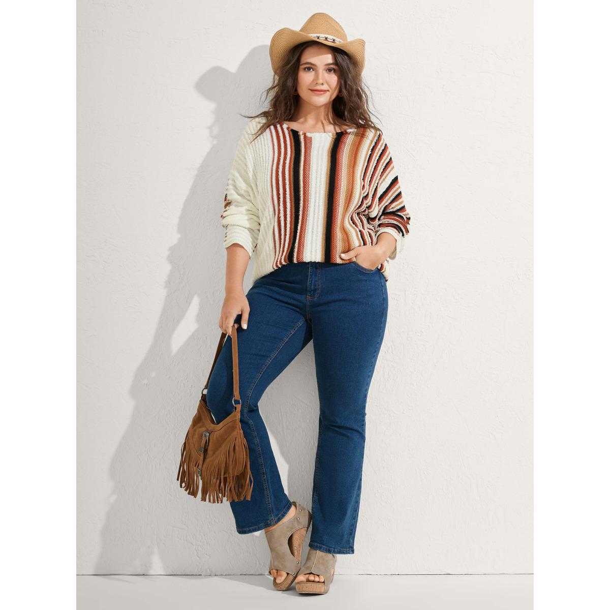 Plus Size Earthy Stripes Drop Shoulder Lightweight Pullover Ivory Women Boho Loose Long Sleeve Boat Neck Vacation Pullovers BloomChic 10/M Product Image