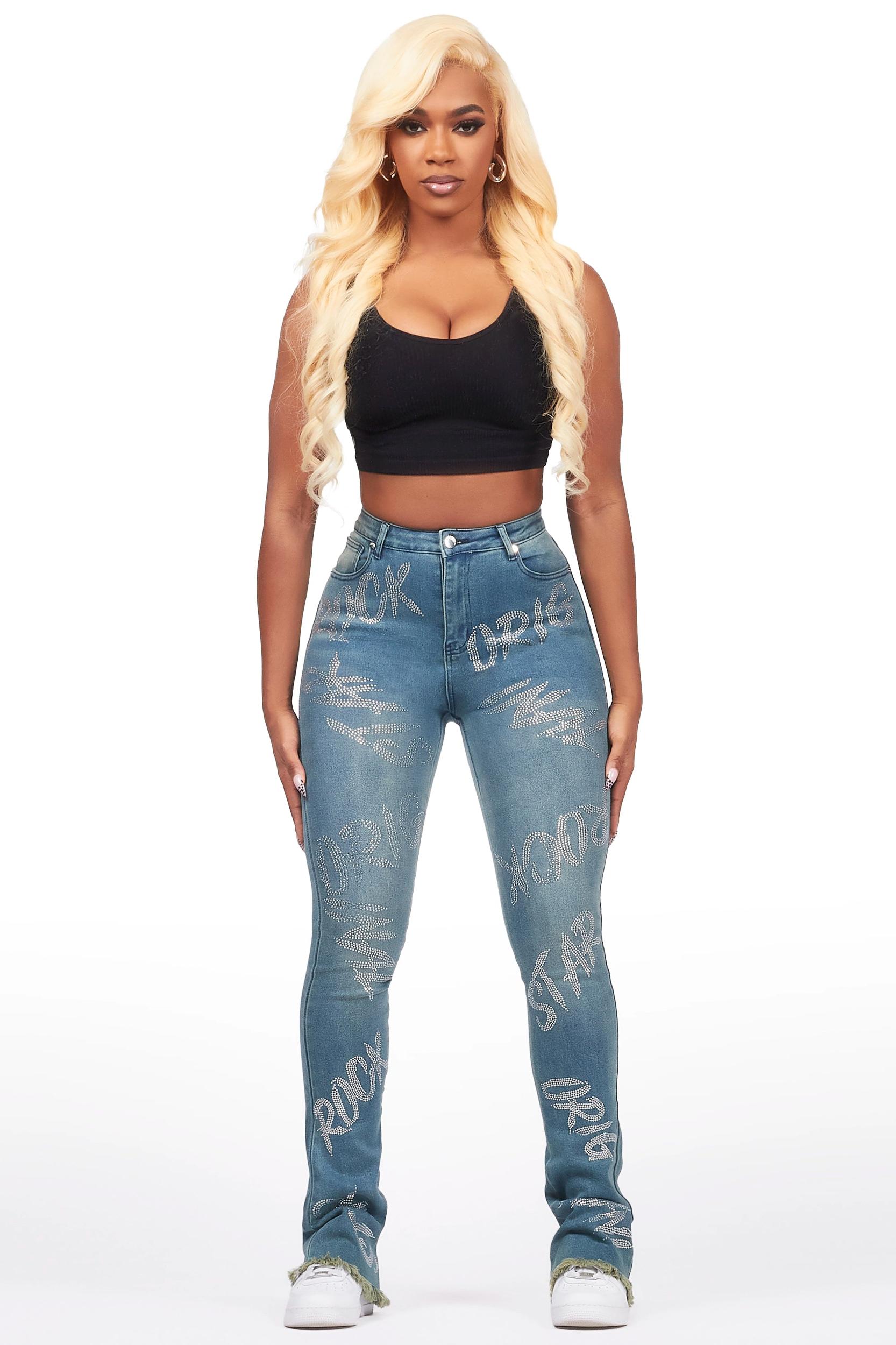 Chequea Tinted Dark Wash Stacked Flare Jean Female Product Image