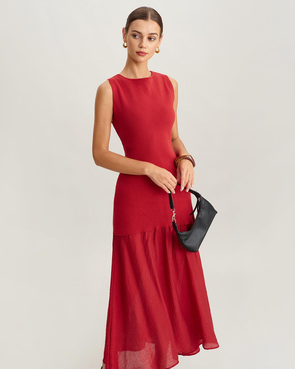 Red Ribbed Knit Sleeveless Maxi Dress Product Image